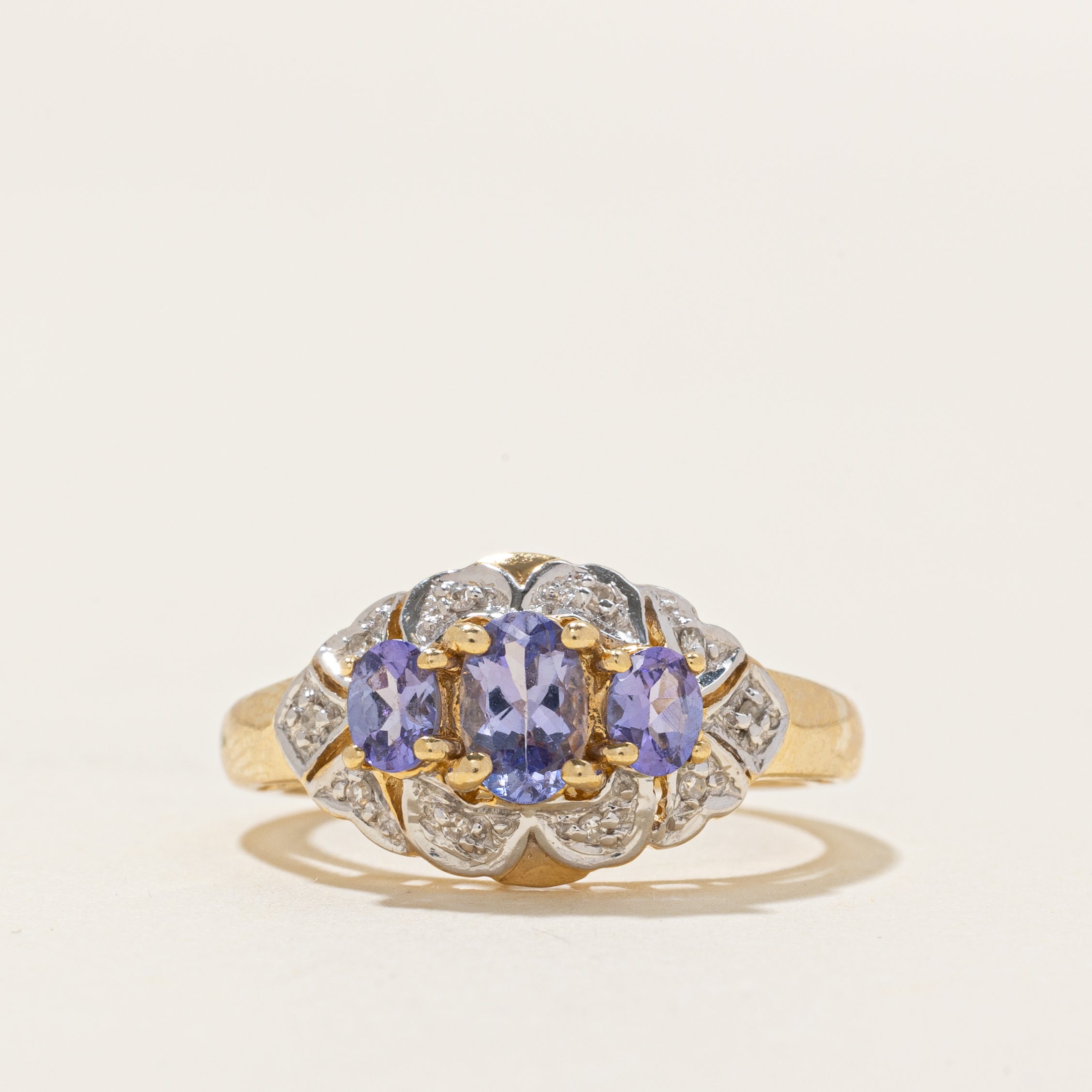 Three Stone Tanzanite & Diamond Accented Ring | 0.65ctw, 0.05ctw | SZ 6