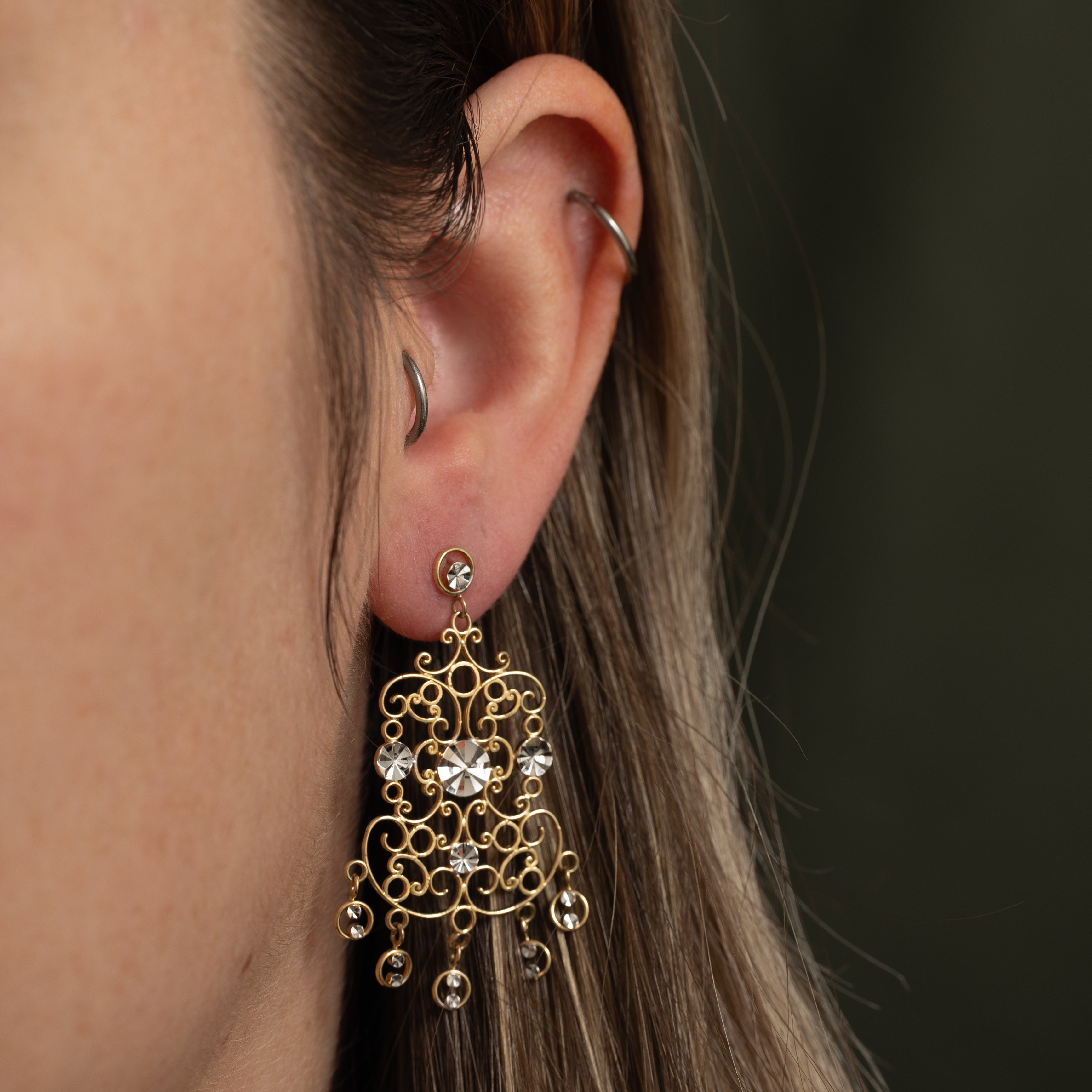 10k Yellow & White Gold Ornate Chandelier Earrings