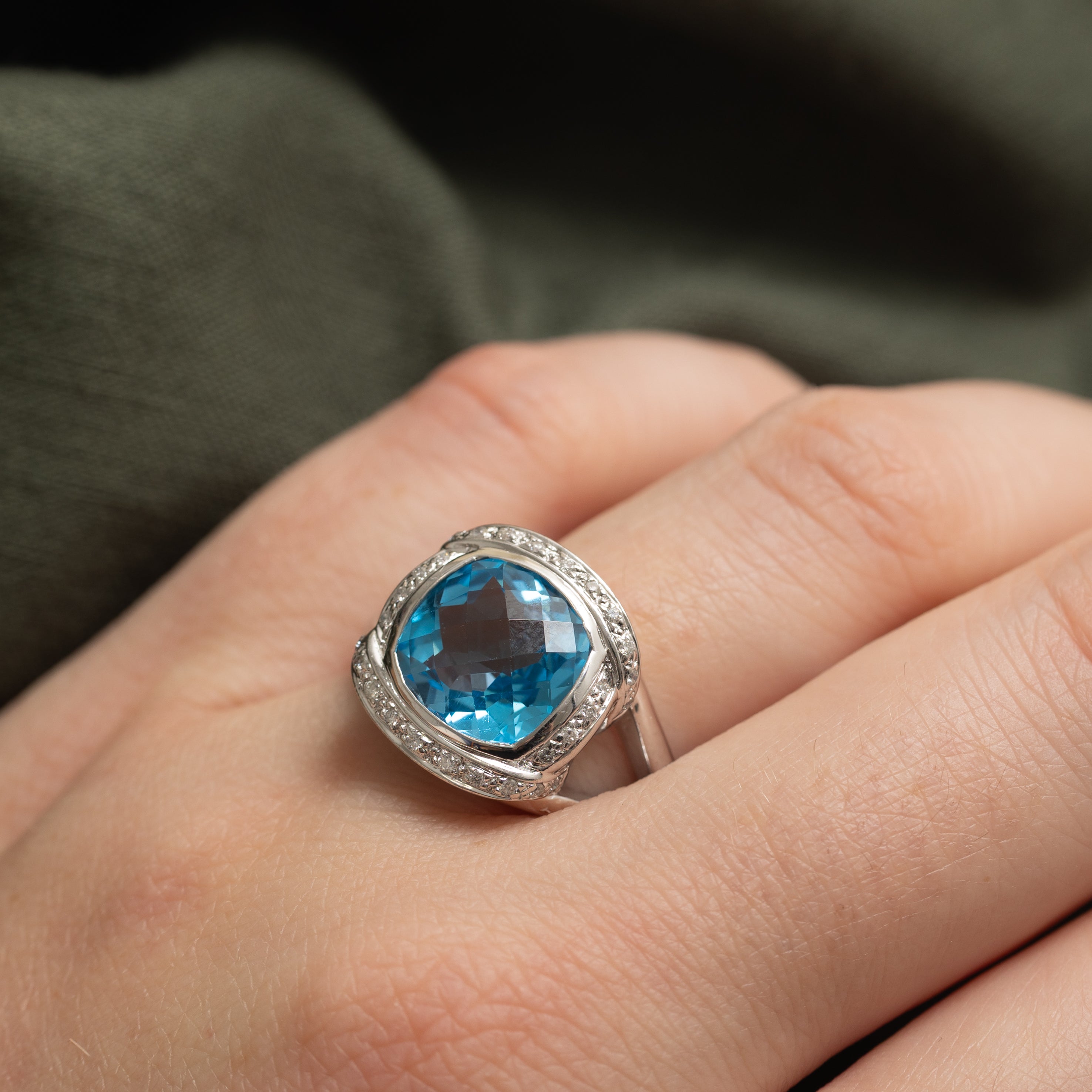 Cushion Cut Blue Topaz & Diamond Halo Cocktail Ring | 6.00ct, 0.15ctw | SZ 7.75