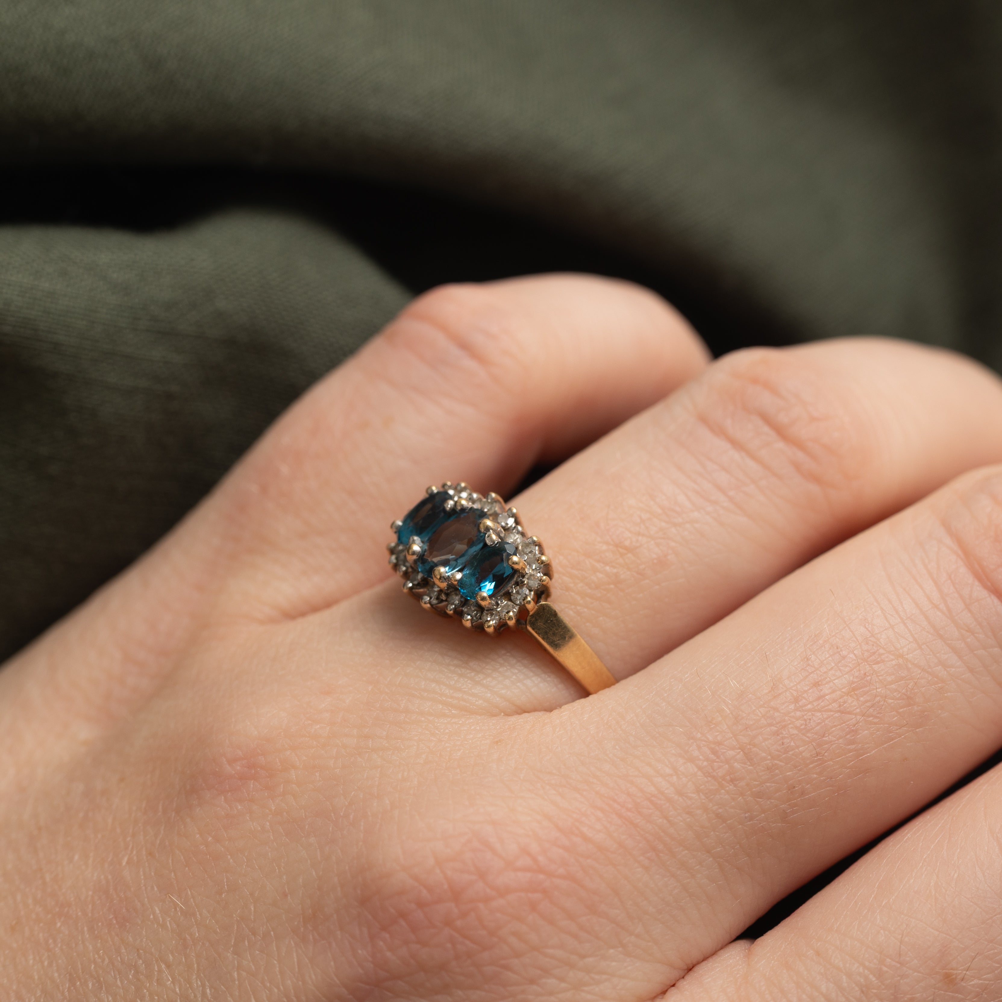 Three Stone London Blue Topaz & Diamond Halo Ring | 1.00ctw, 0.17ctw | SZ 7.5