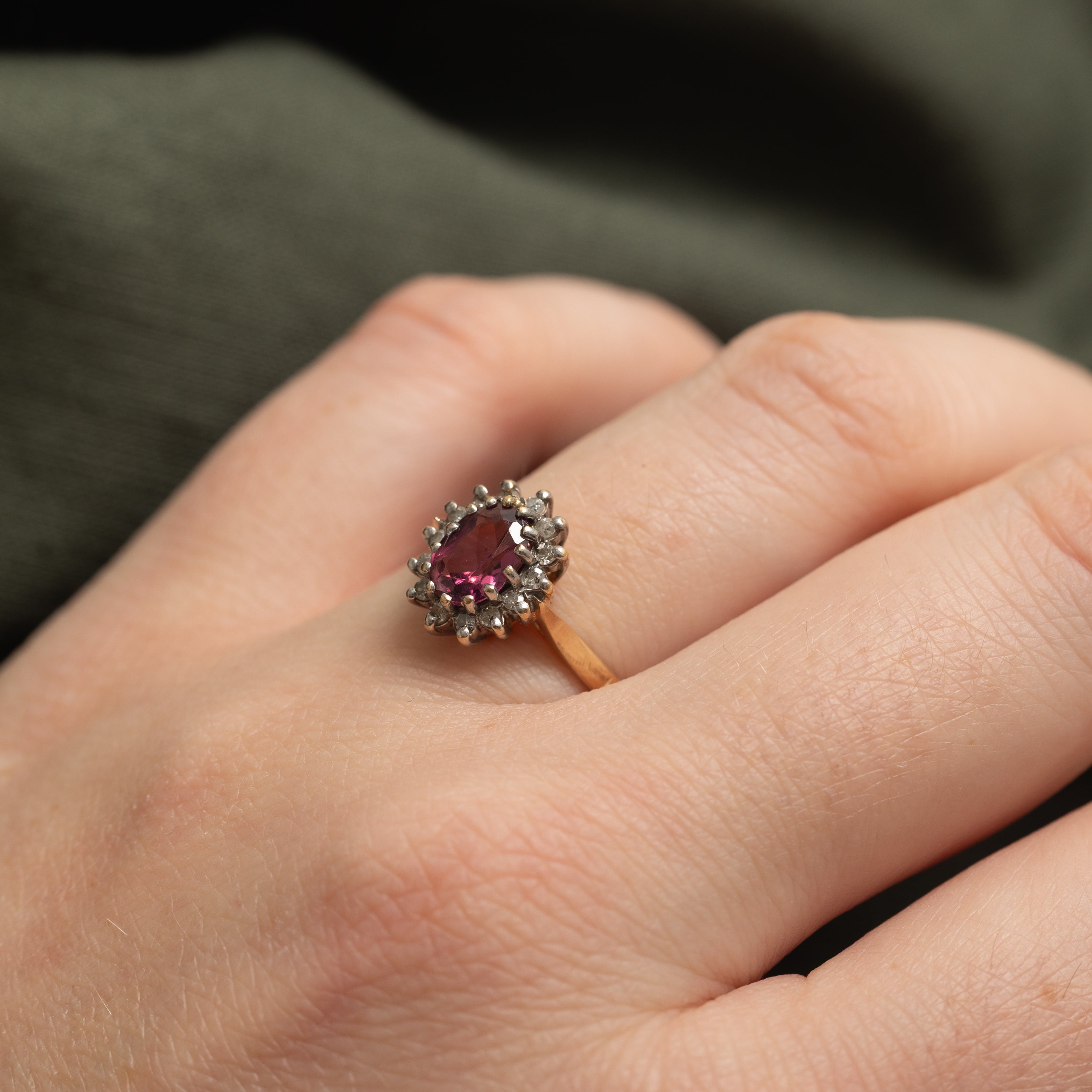 Oval Cut Rhodolite Garnet & Diamond Petal Halo Ring | 1.00ct, 0.15ctw | SZ 6.5