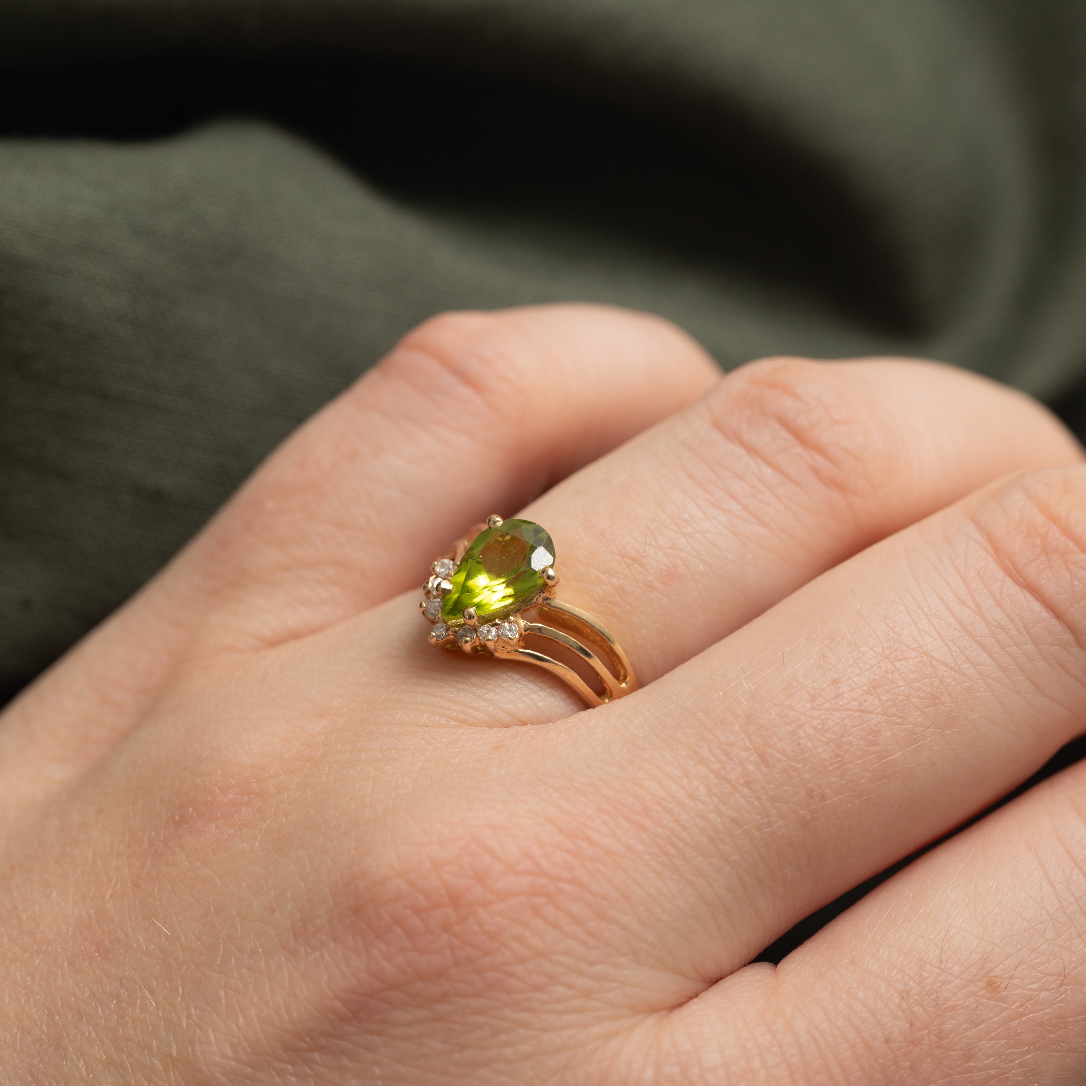 Pear Cut Peridot & Diamond Accented Chevron Ring | 1.50ct, 0.07ctw | SZ 5.75