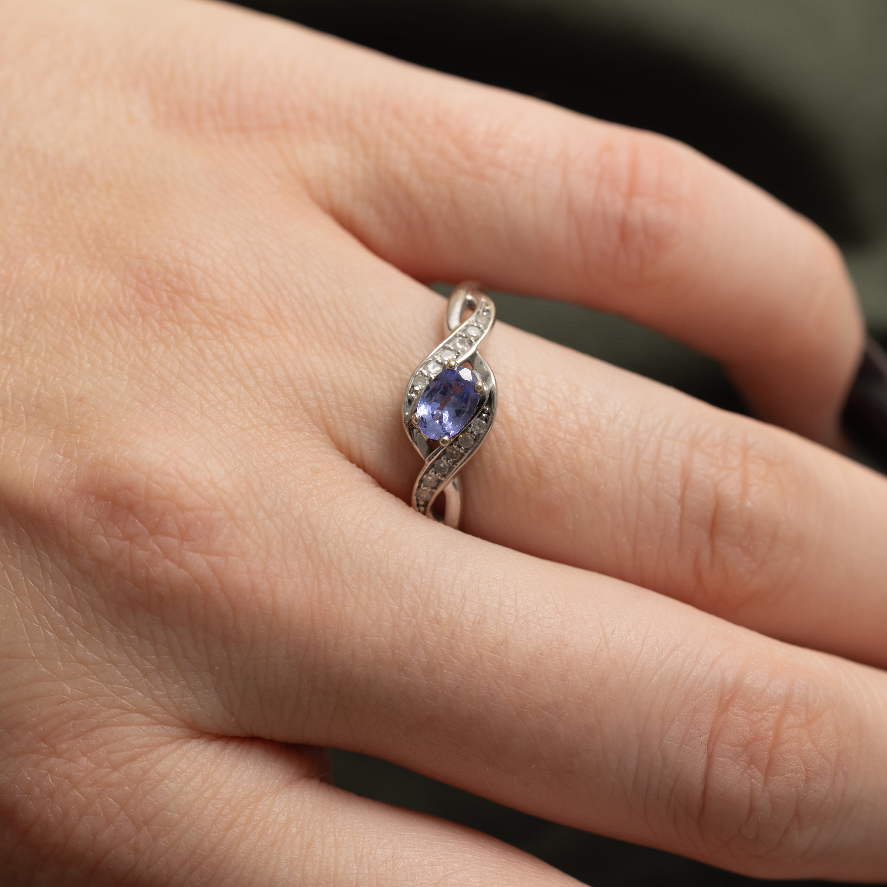 Oval Cut Tanzanite & Diamond Cross Over Ring | 0.41ct, 0.06ct | SZ 8