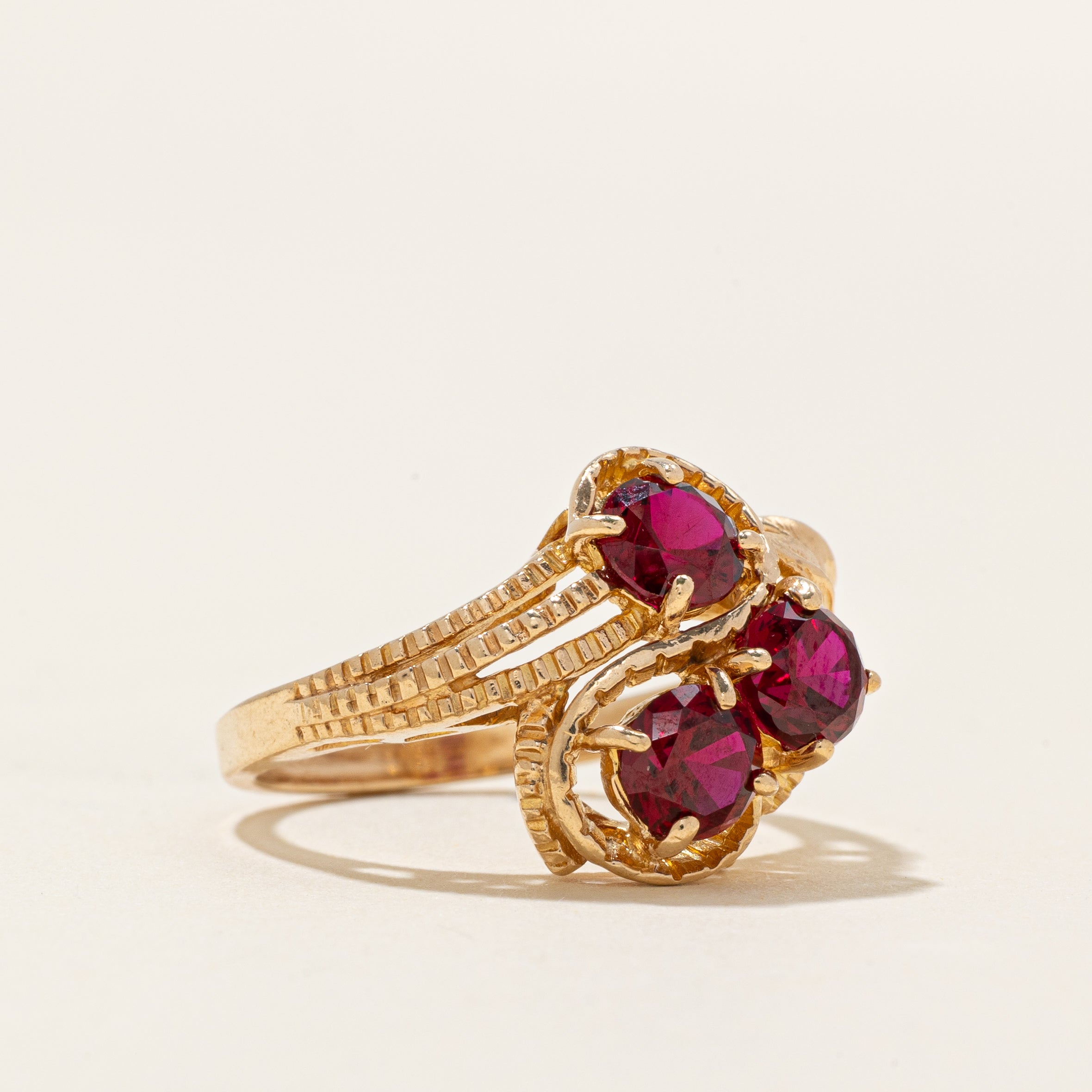 Three Stone Synthetic Ruby Ornate Bypass Ring | 1.80ctw | SZ 6.25
