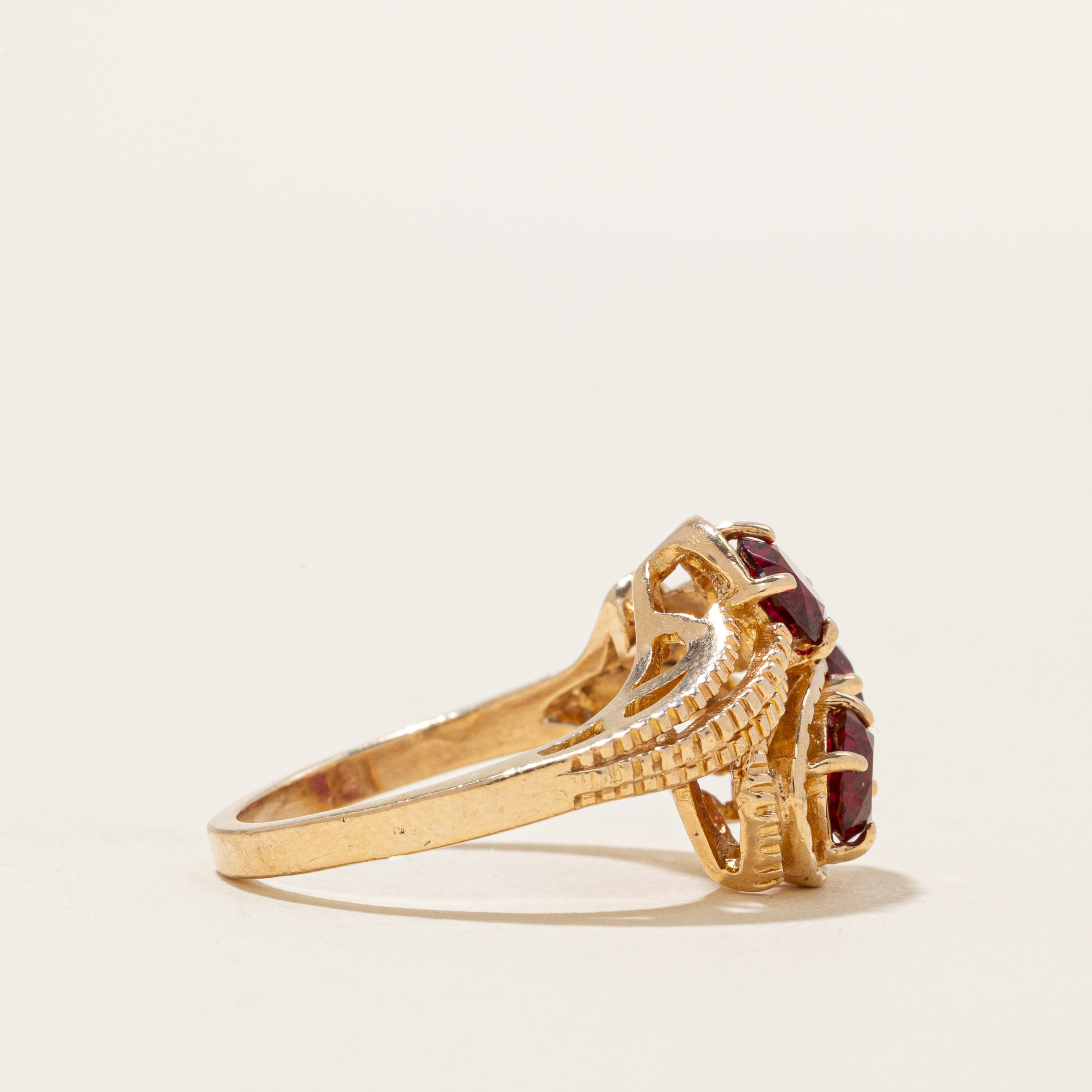 Three Stone Synthetic Ruby Ornate Bypass Ring | 1.80ctw | SZ 6.25