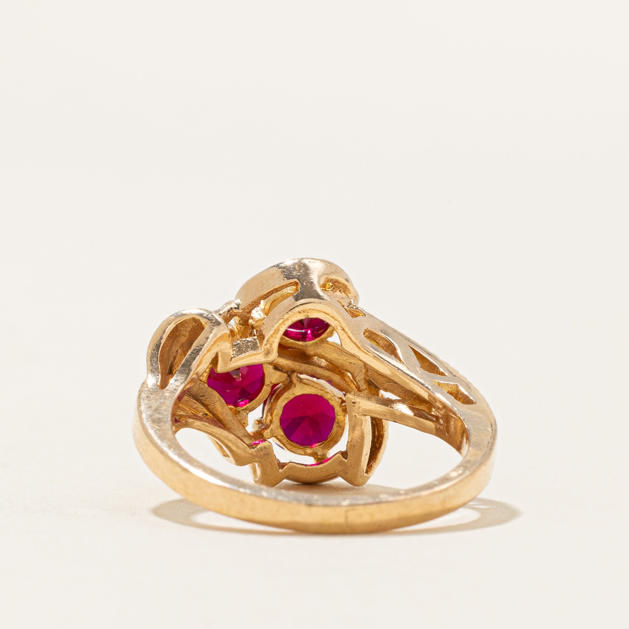 Three Stone Synthetic Ruby Ornate Bypass Ring | 1.80ctw | SZ 6.25