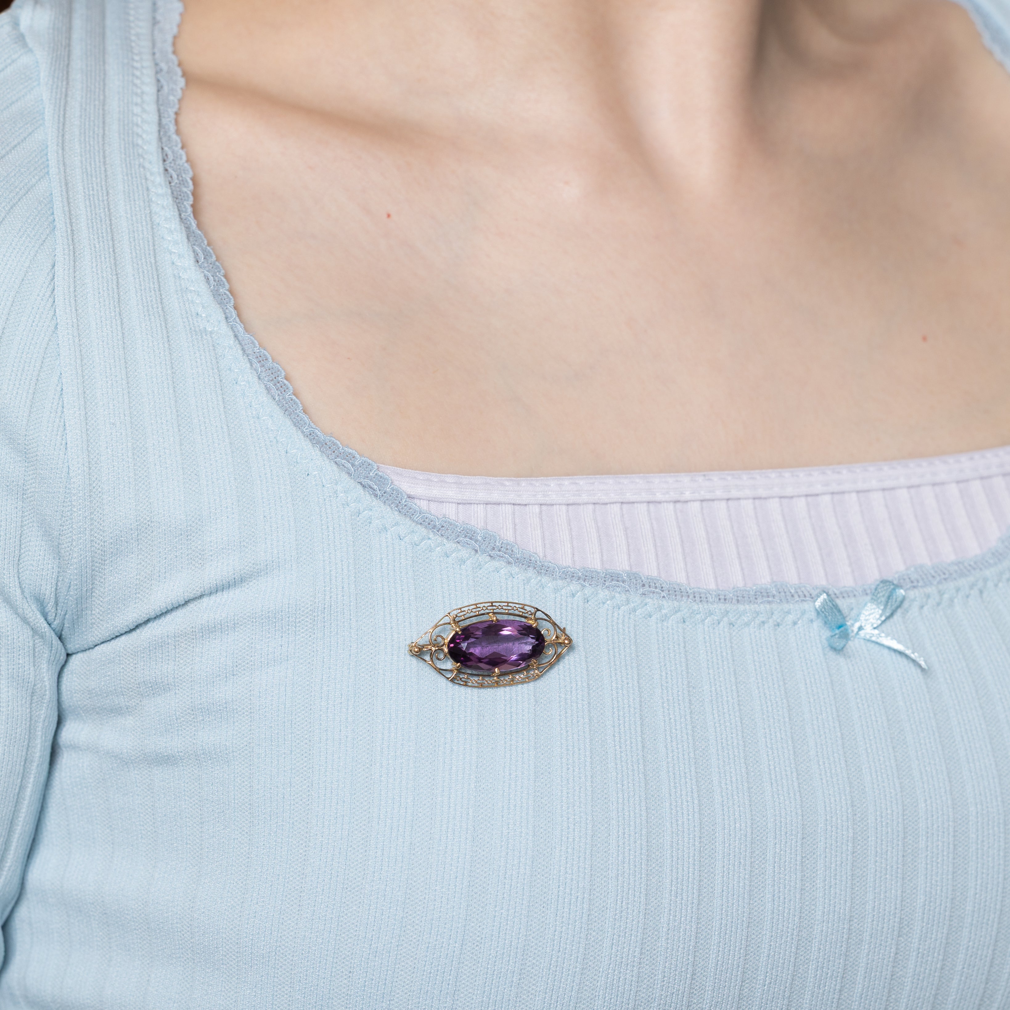 Amethyst Scrollwork Marquise Shaped Brooch | 10.00ct