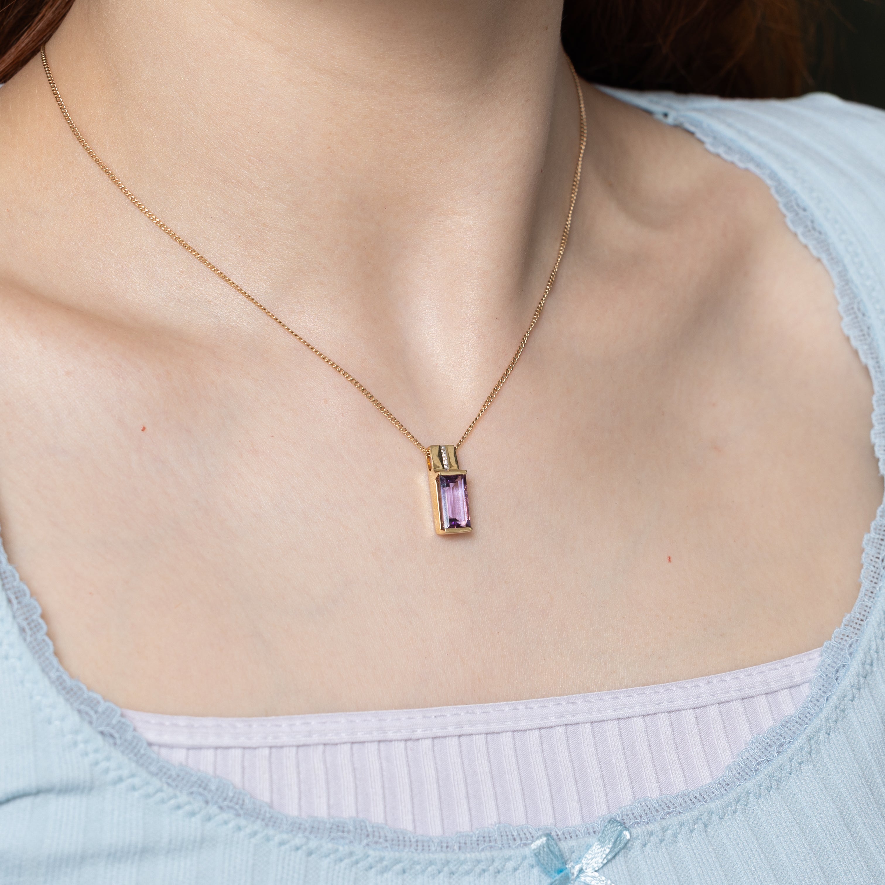 Baguette Cut Amethyst & Diamond Column Pendant | 2.50ct, 0.01ctw