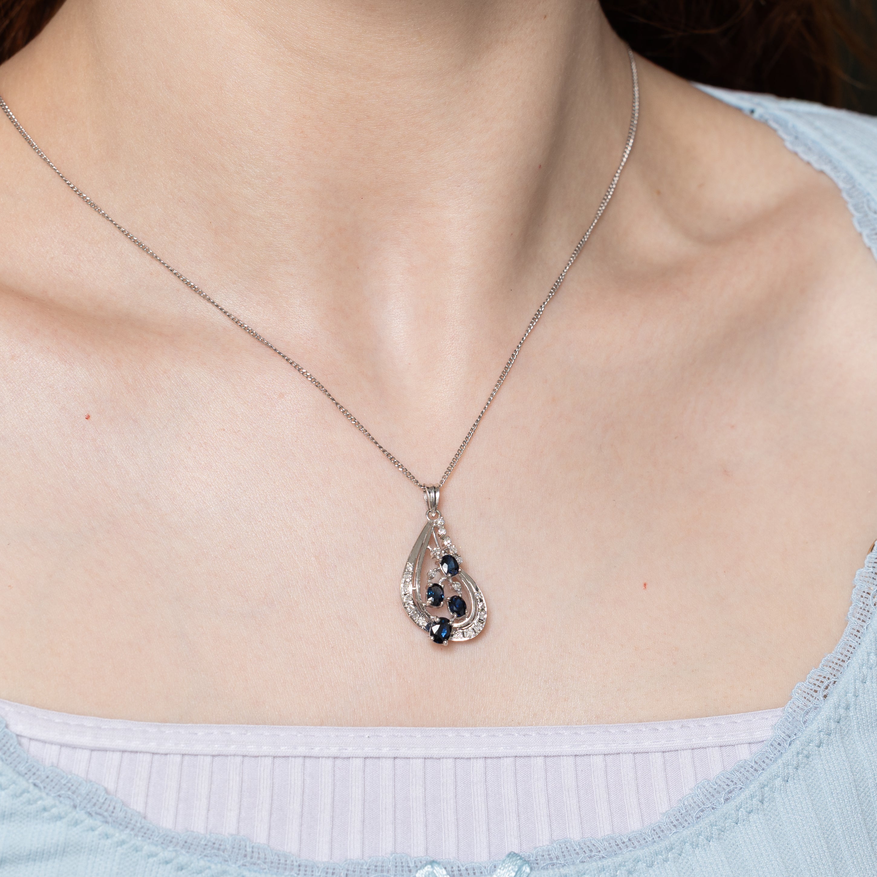 White Gold Sapphire & Diamond Abstract Pendant | 1.40ctw, 0.21ctw