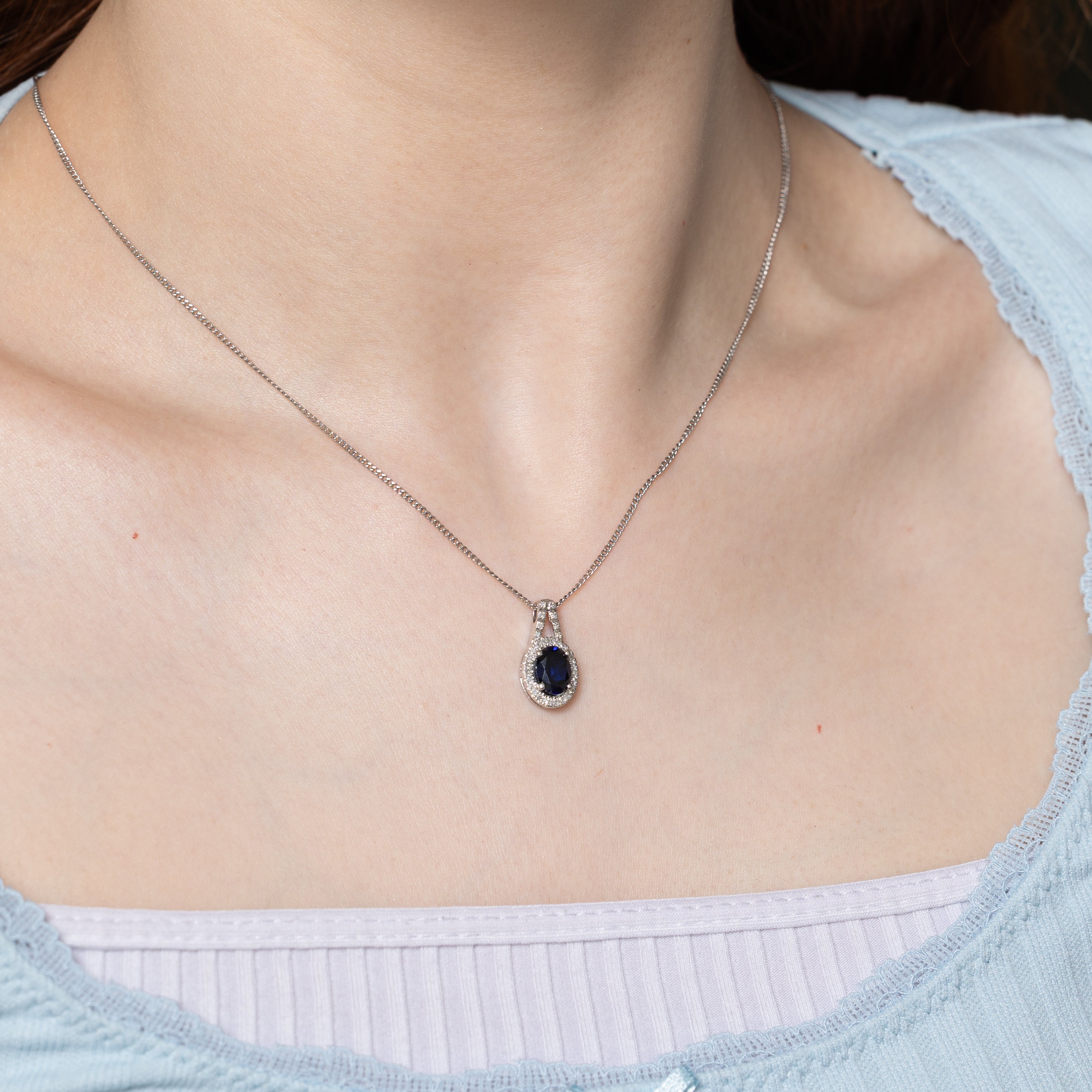 Synthetic Sapphire & Natural Diamond Halo Pendant | 1.50ct, 0.12ctw