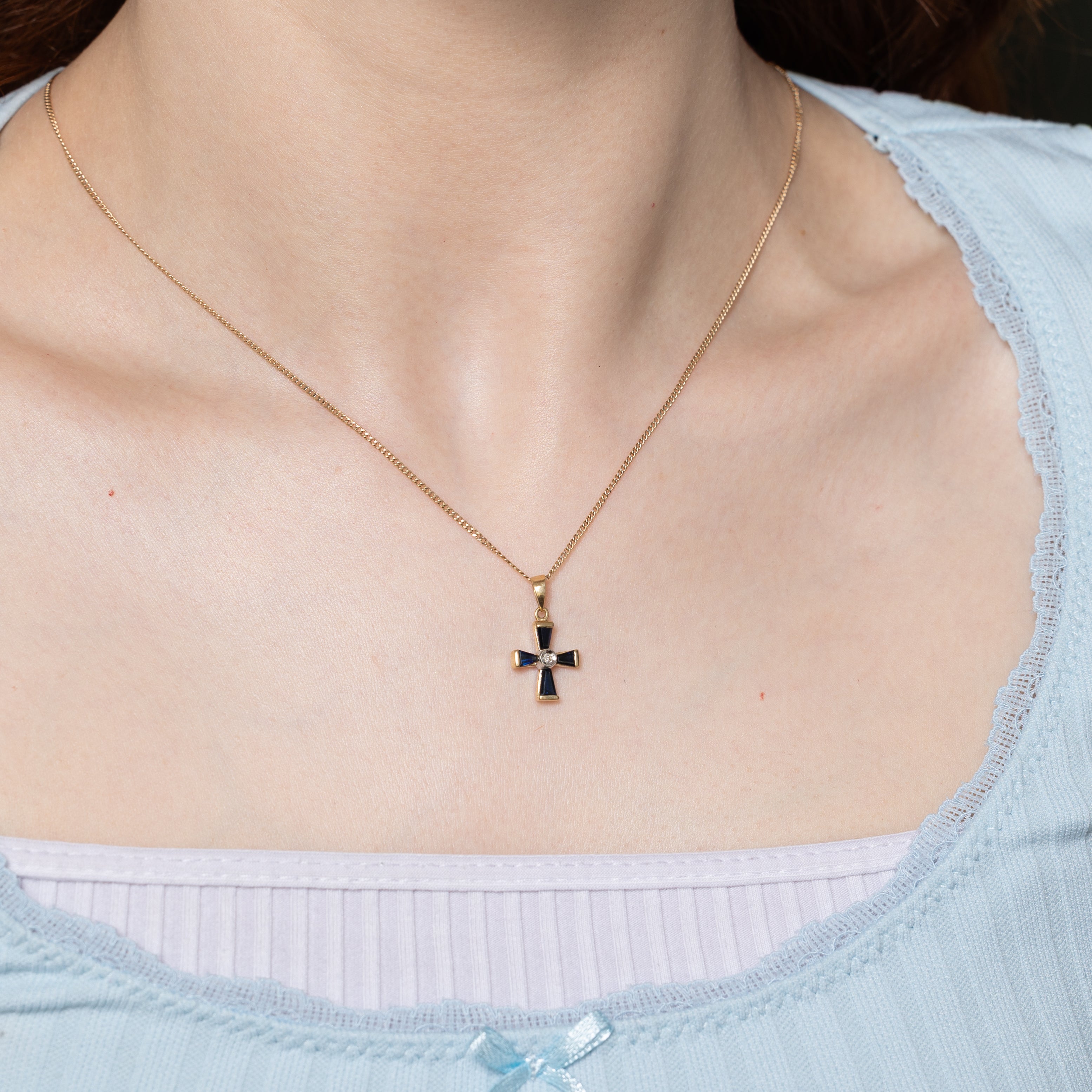Sapphire & Bezel Set Diamond Iron Cross Pendant | 0.46ctw, 0.02ct