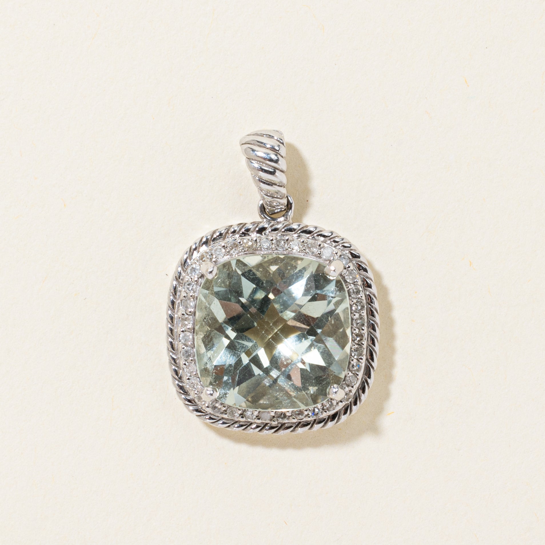 Cushion Cut Prasiolite & Diamond Halo Pendant | 8.00ct, 0.18ctw