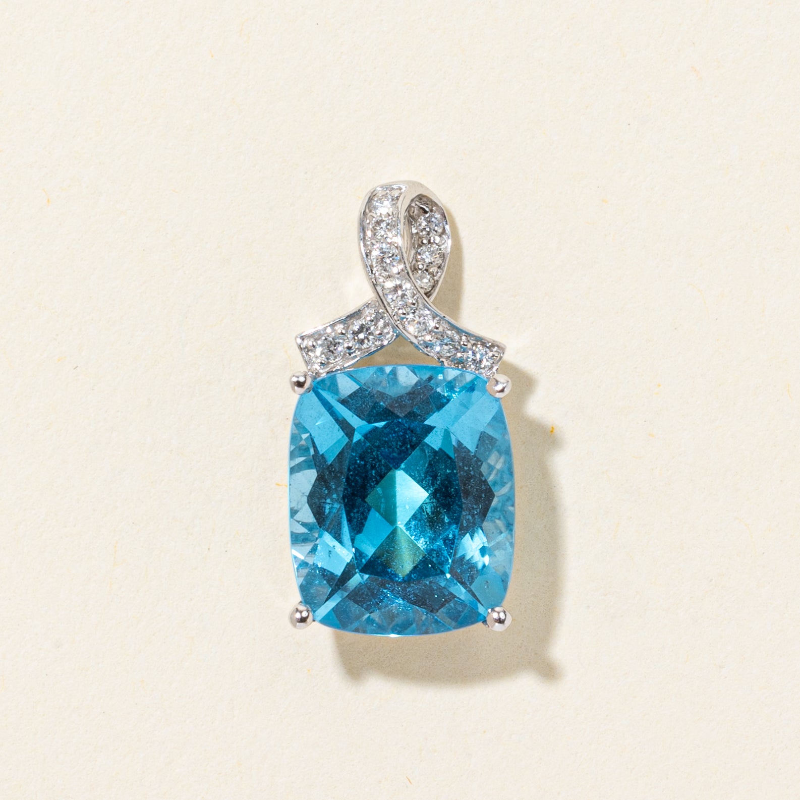 Cushion Cut Blue Topaz & Diamond Pendant | 8.50ct, 0.12ctw