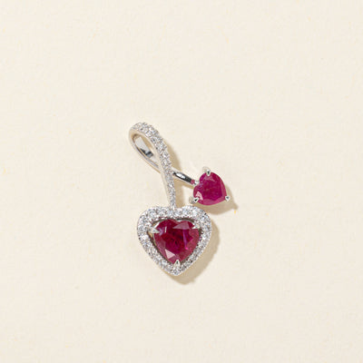 18k Heart Cut Ruby & Diamond Halo Pendant | 1.20ctw, 0.19ctw
