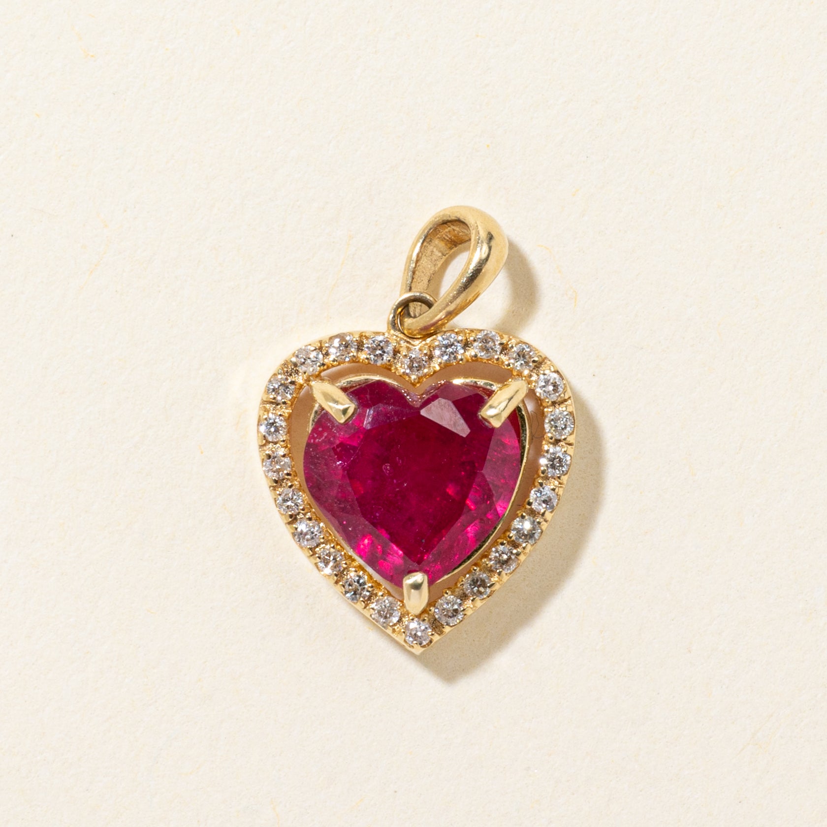18k Heart Cut Ruby & Diamond Halo Pendant | 1.90ct, 0.12ctw