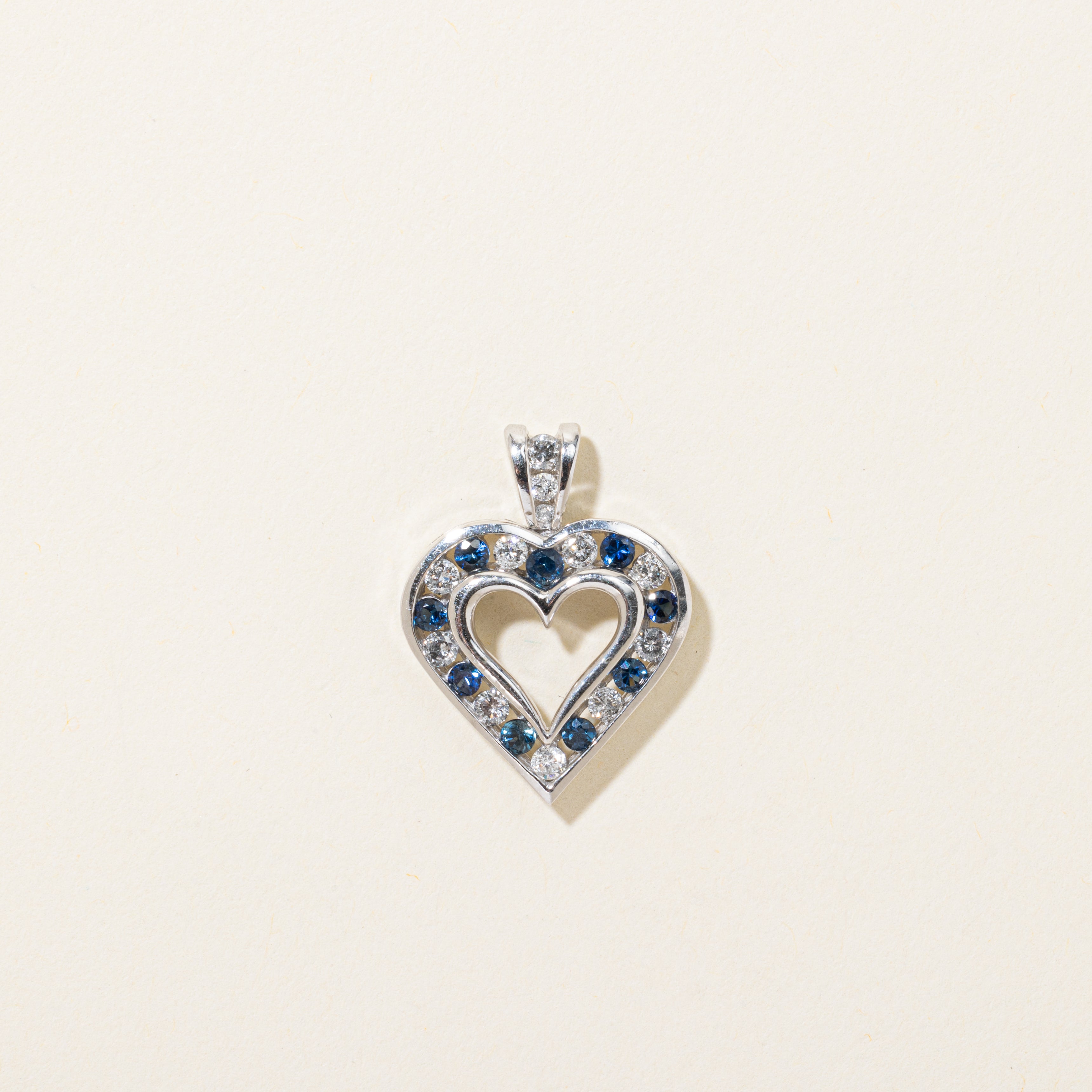 Channel Set Sapphire & Diamond Open Heart Pendant | 0.30ctw, 0.32ctw