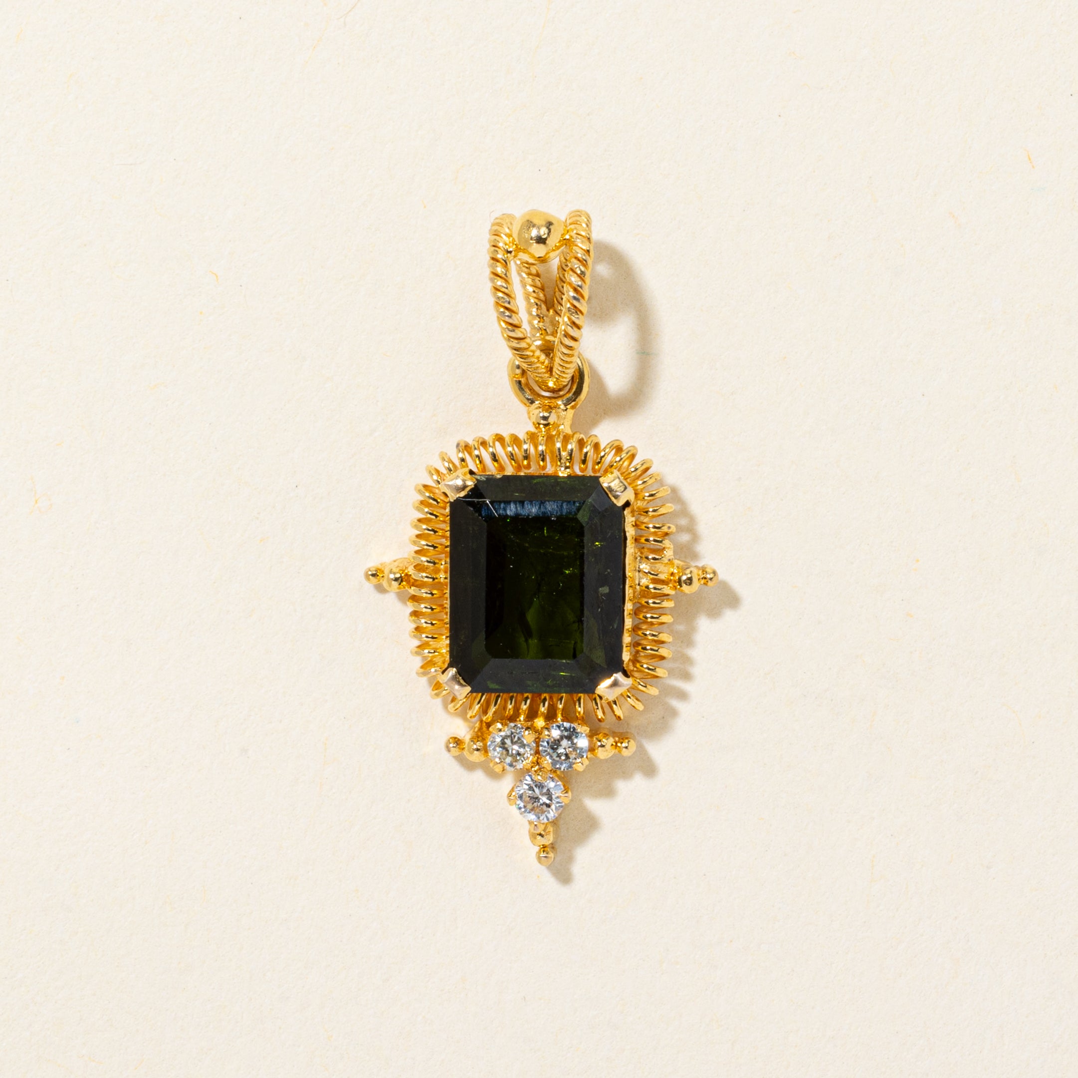18k Tourmaline & Diamond Rope Textured Pendant | 3.22ct, 0.09ctw