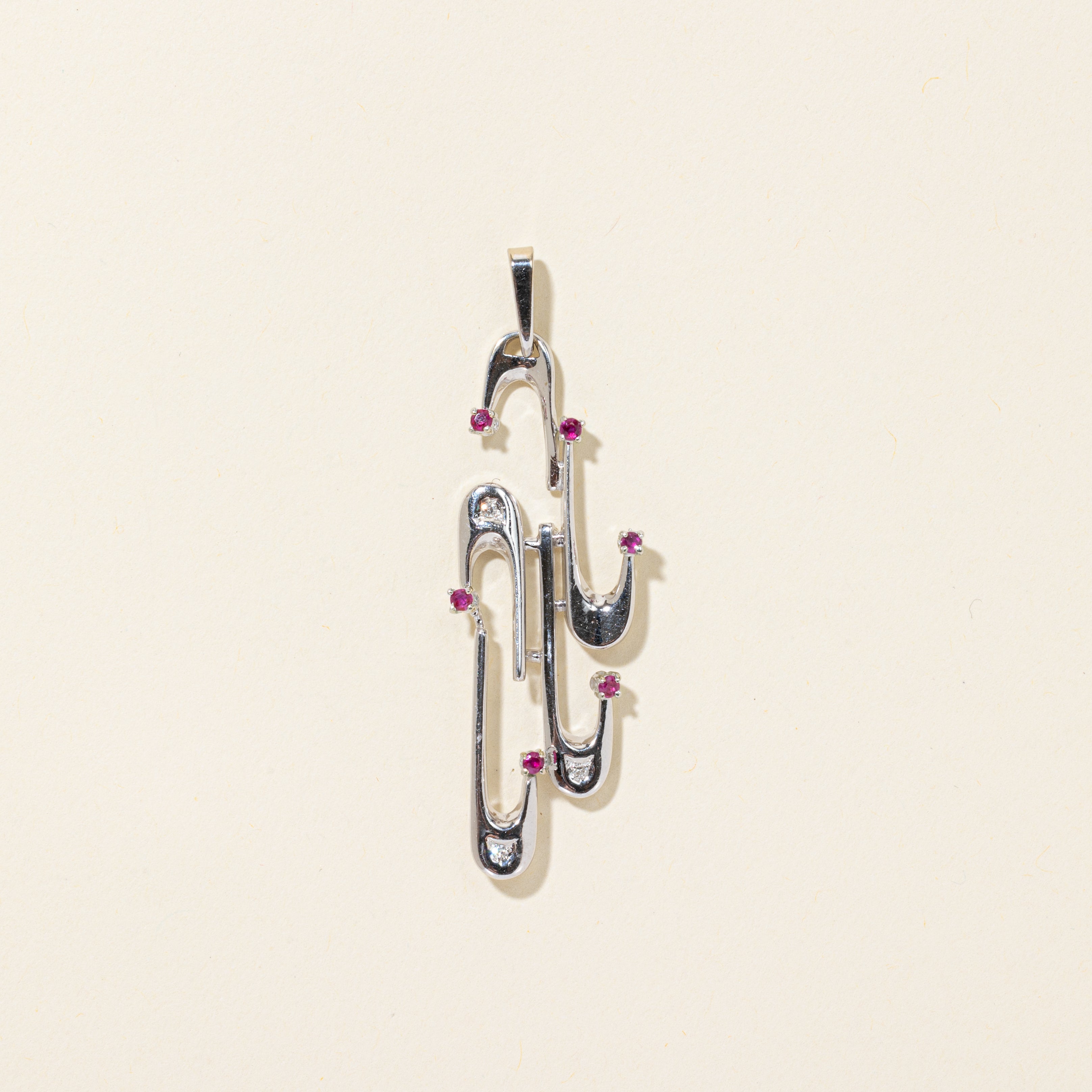 18k White Gold Ruby & Diamond Paperclip Pendant | 0.20ctw, 0.03ctw