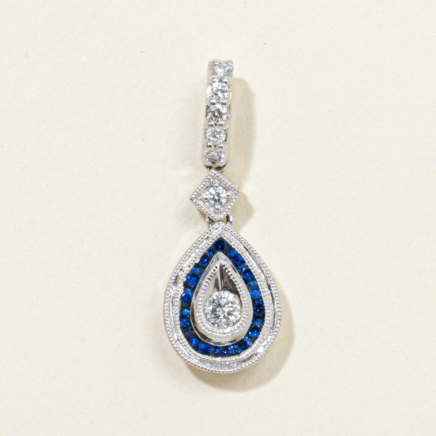 Sapphire & Diamond Ornate Pear Shaped Pendant | 0.14ctw, 0.09ctw