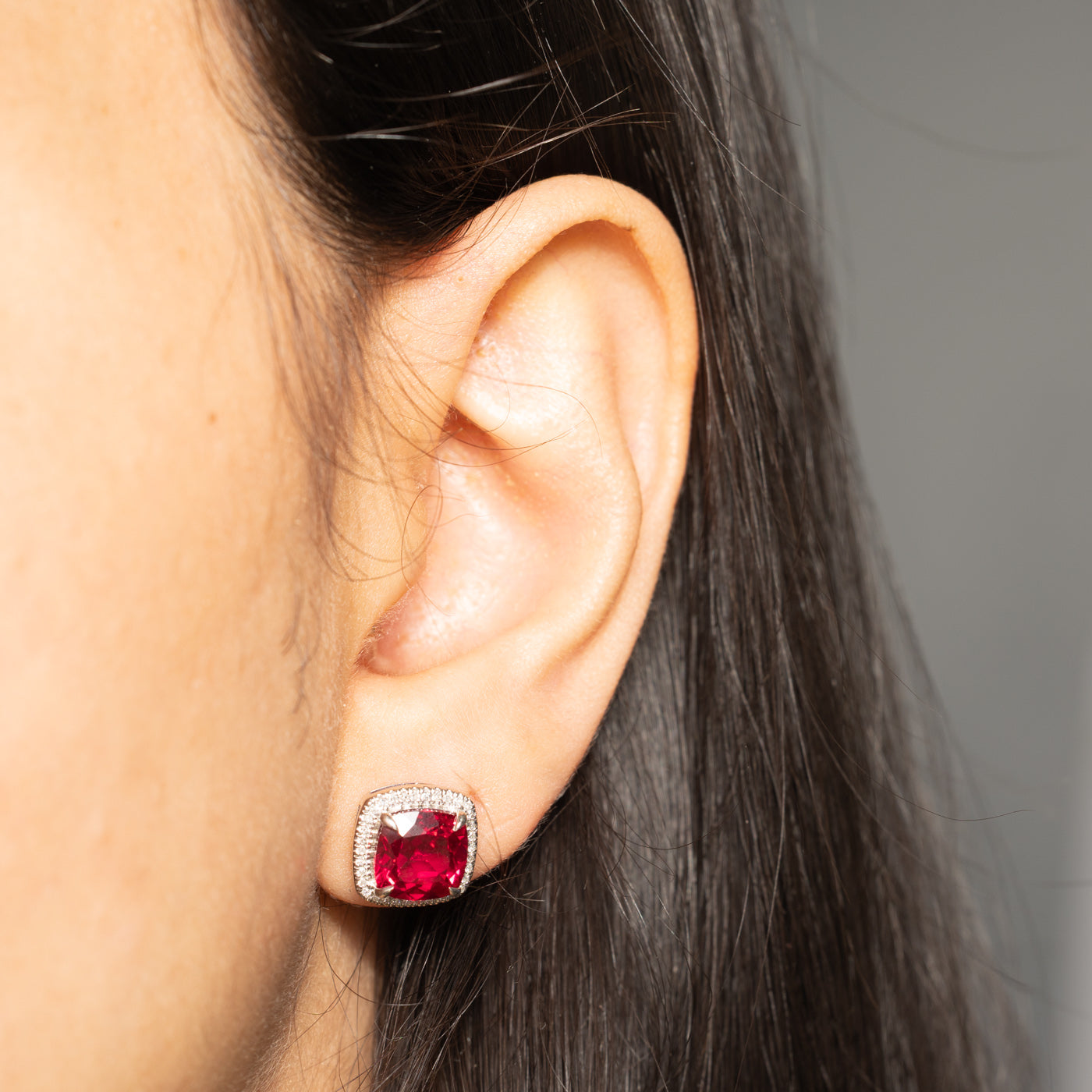 14k Synthetic Ruby & Natural Diamond Halo Stud Earrings | 2.40ctw, 0.07ctw