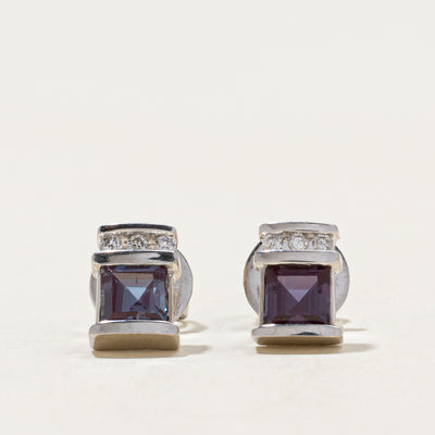 10k Synthetic Sapphire & Natural Diamond Stud Earrings | 0.65ctw, 0.03ctw