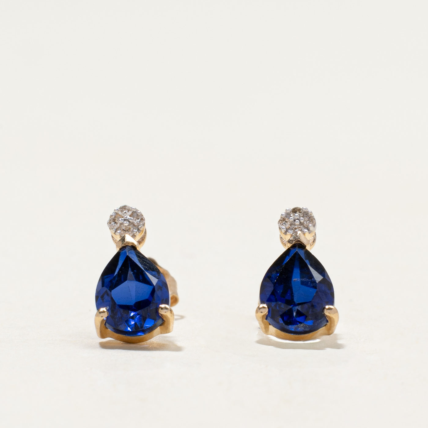 10k Synthetic Sapphire & Natural Diamond Stud Earrings | 2.00ctw, 0.03ctw