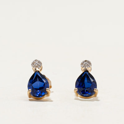 10k Synthetic Sapphire & Natural Diamond Stud Earrings | 2.00ctw, 0.03ctw