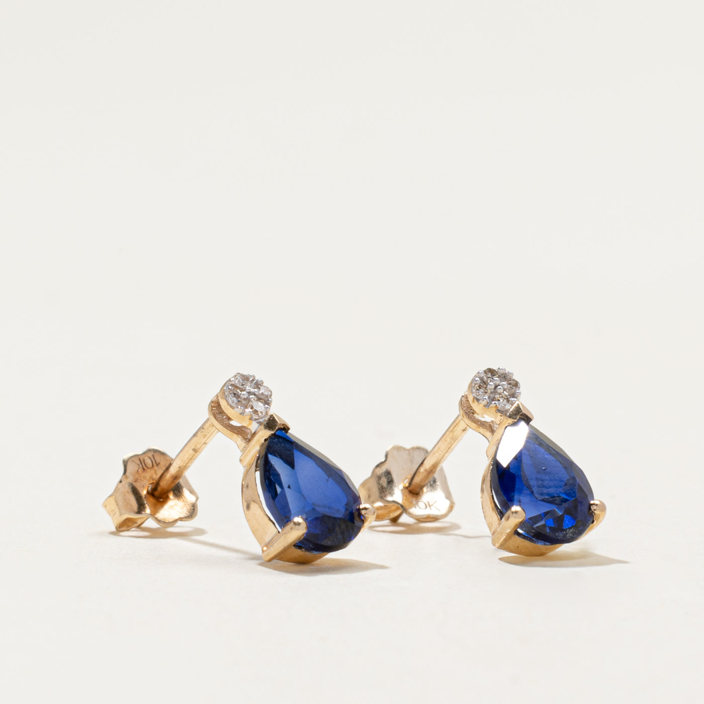 10k Synthetic Sapphire & Natural Diamond Stud Earrings | 2.00ctw, 0.03ctw