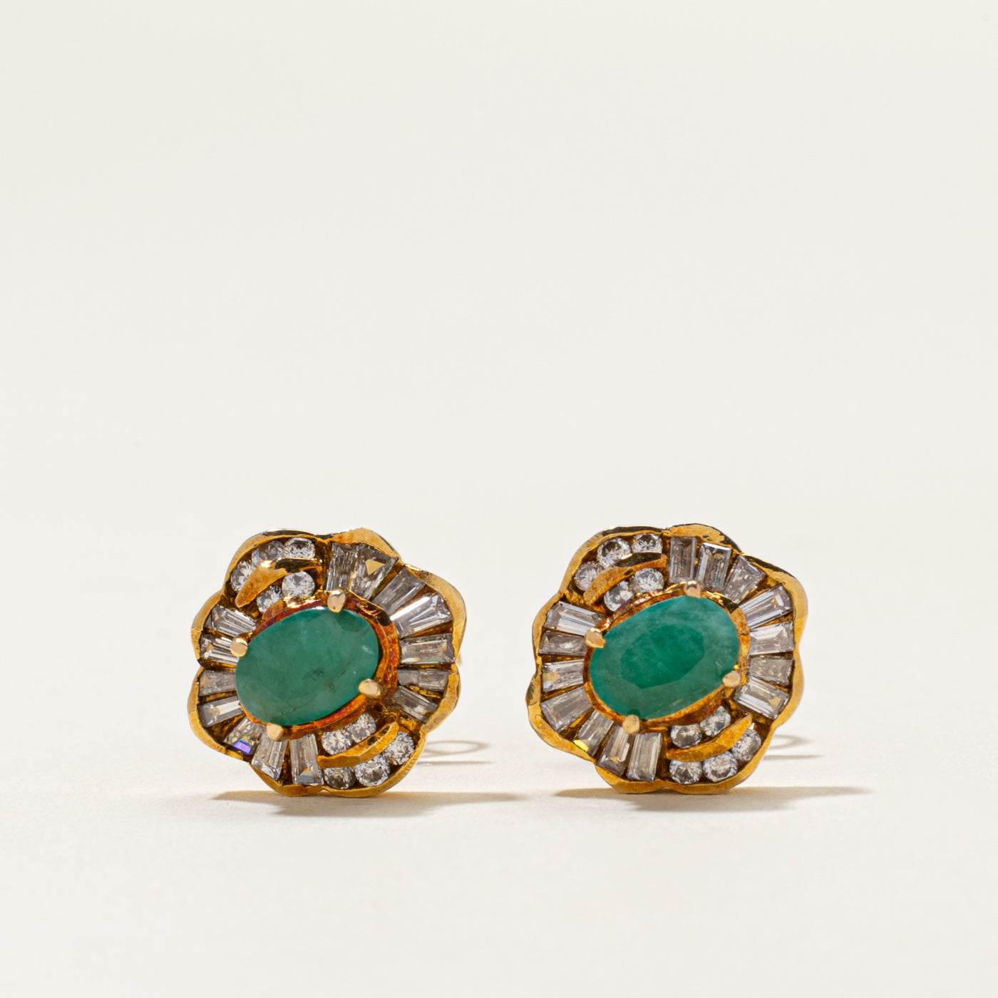 Emerald & Diamond Cluster Stud Earrings | 0.84ctw, 0.46ctw