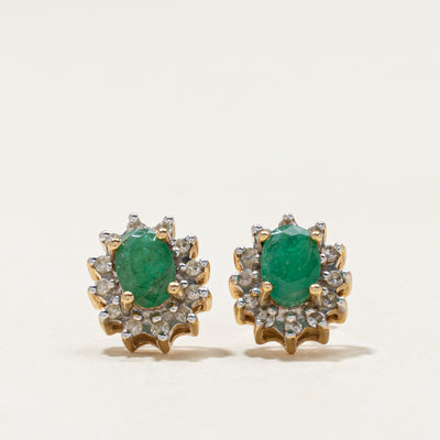 10k Emerald & Diamond Petal Stud Earrings | 0.80ctw, 0.10ctw