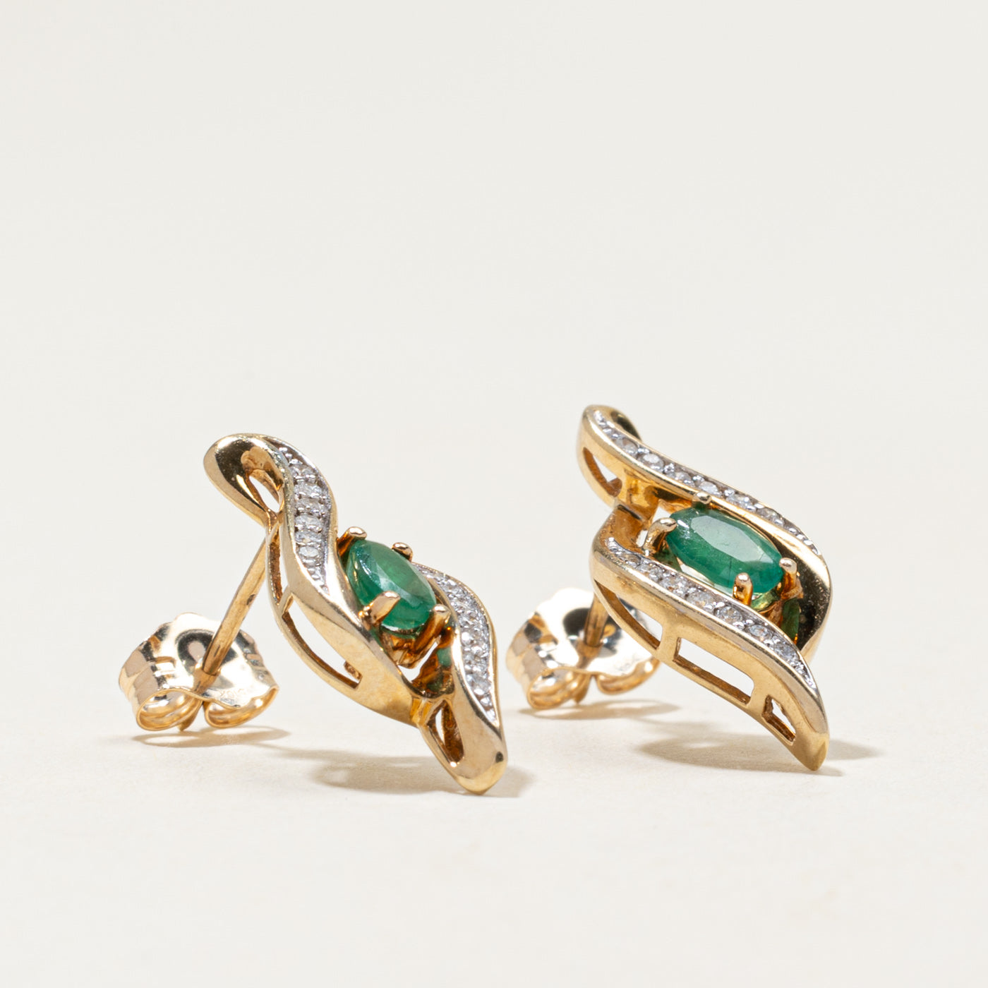 10k Emerald & Diamond Waterfall Stud Earrings | 0.32ctw,  0.10ctw