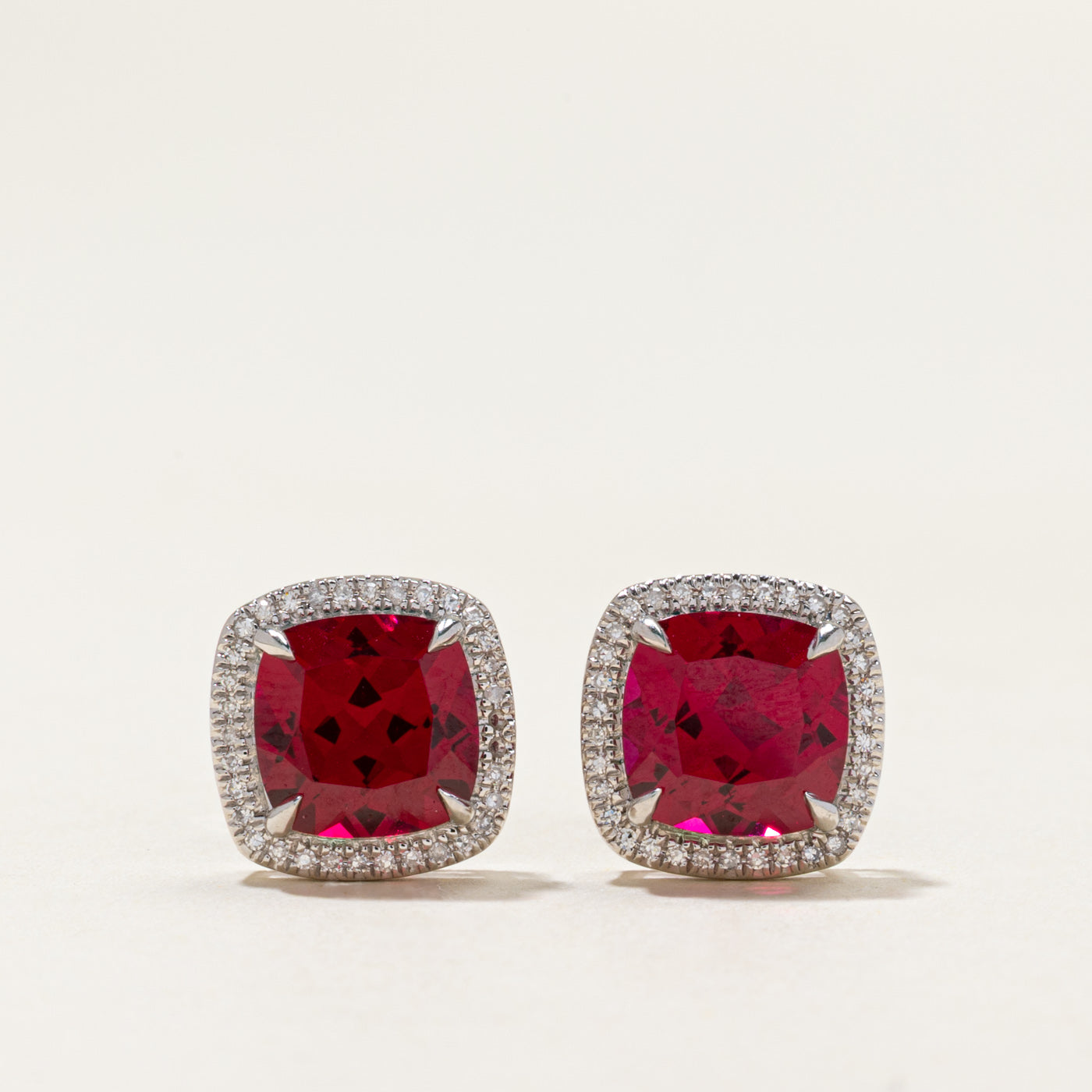 14k Synthetic Ruby & Natural Diamond Halo Stud Earrings | 2.40ctw, 0.07ctw