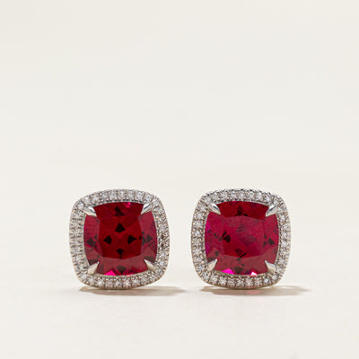 14k Synthetic Ruby & Natural Diamond Halo Stud Earrings | 2.40ctw, 0.07ctw