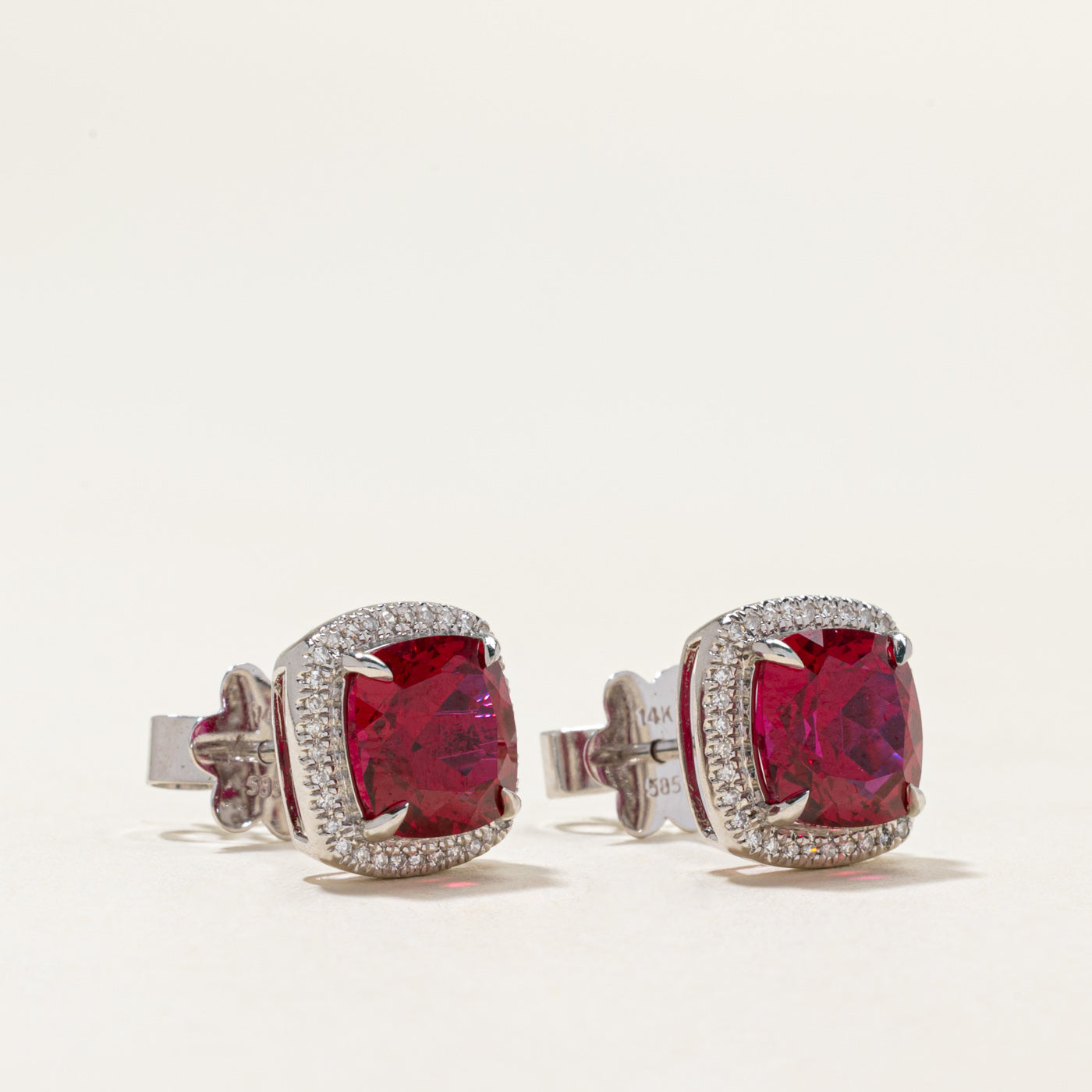 14k Synthetic Ruby & Natural Diamond Halo Stud Earrings | 2.40ctw, 0.07ctw