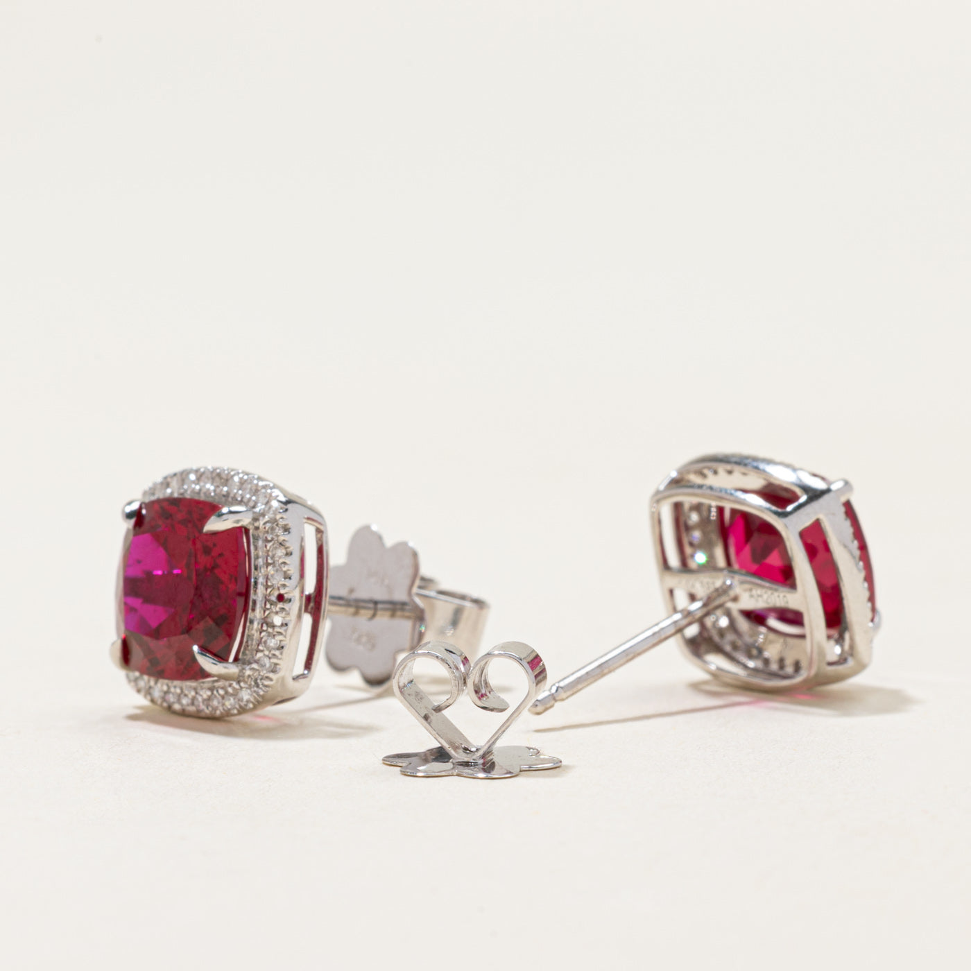 14k Synthetic Ruby & Natural Diamond Halo Stud Earrings | 2.40ctw, 0.07ctw
