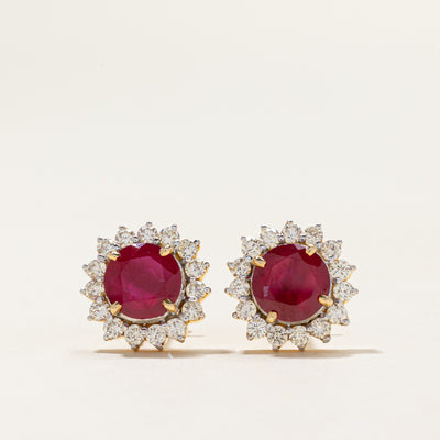14k Ruby & Diamond Petal Stud Earrings | 3.50ctw, 0.90ctw