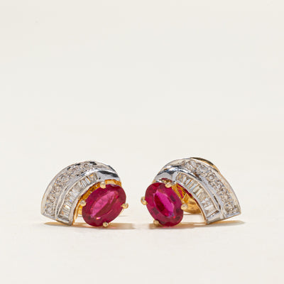 14k Synthetic Ruby & Natural Diamond Waterfall Stud Earrings | 1.60ctw, 0.21ctw |