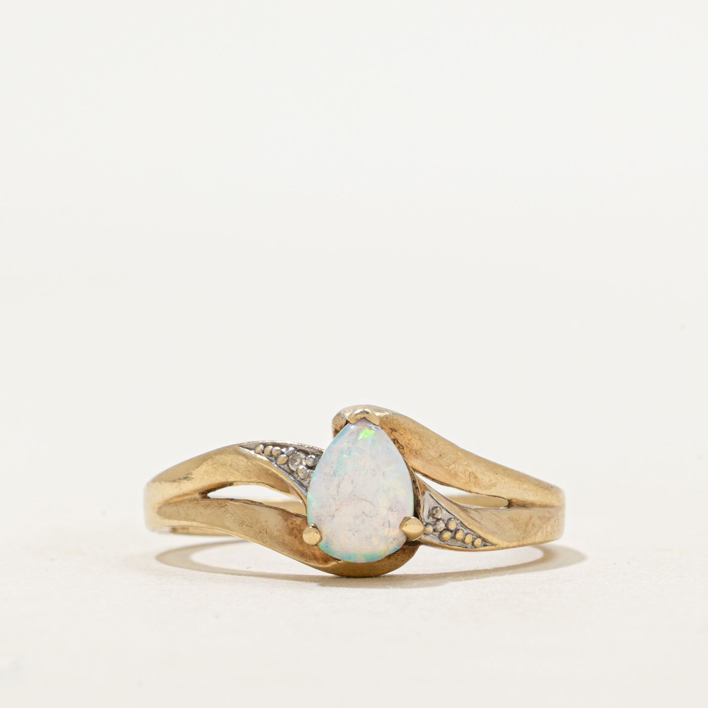 Pear Cabochon Opal & Diamond Bypass Ring | 0.40ct, 0.01ct | SZ 6.25