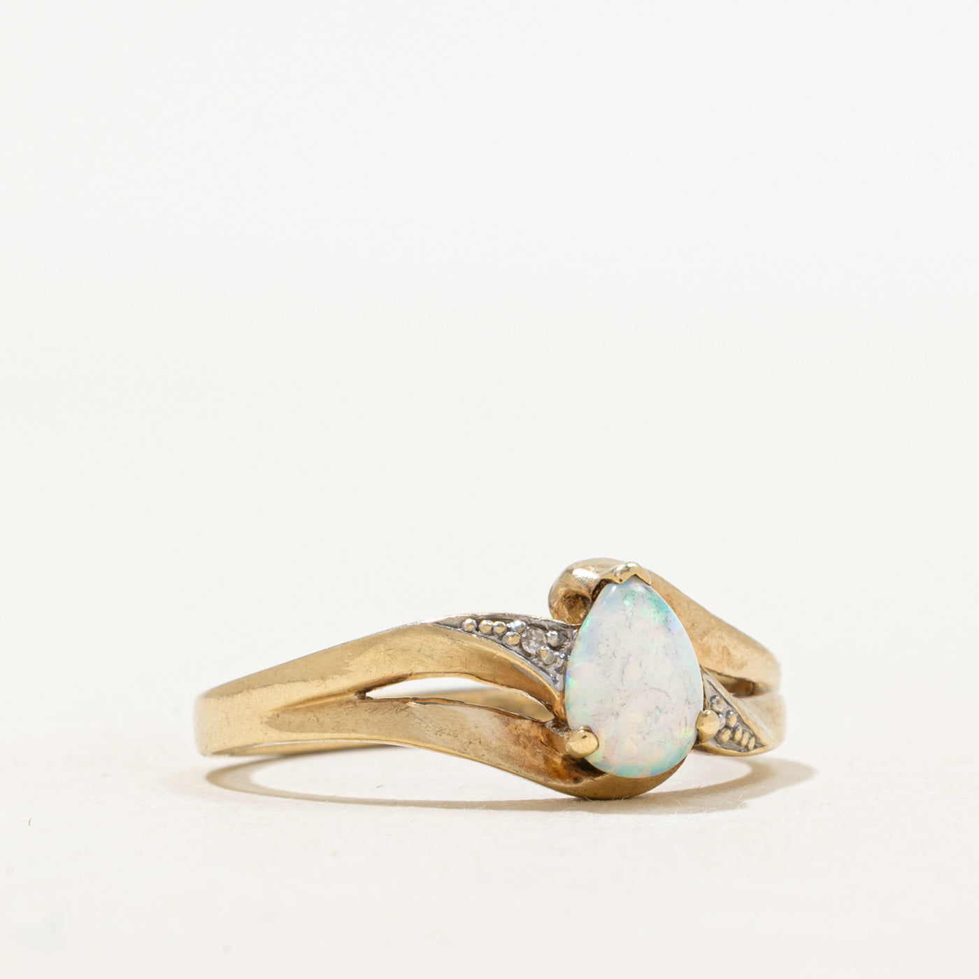 Pear Cabochon Opal & Diamond Bypass Ring | 0.40ct, 0.01ct | SZ 6.25
