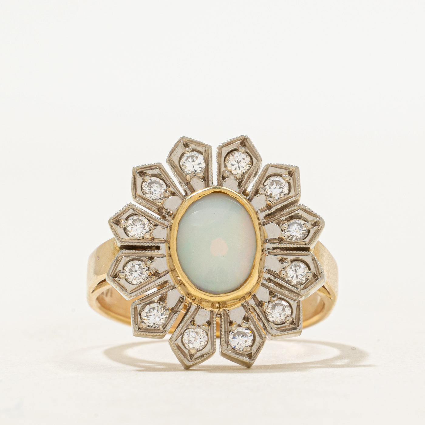 Bezel Set Opal & Diamond Floral Cocktail Ring | 0.57ct, 0.36ctw | SZ 6.5