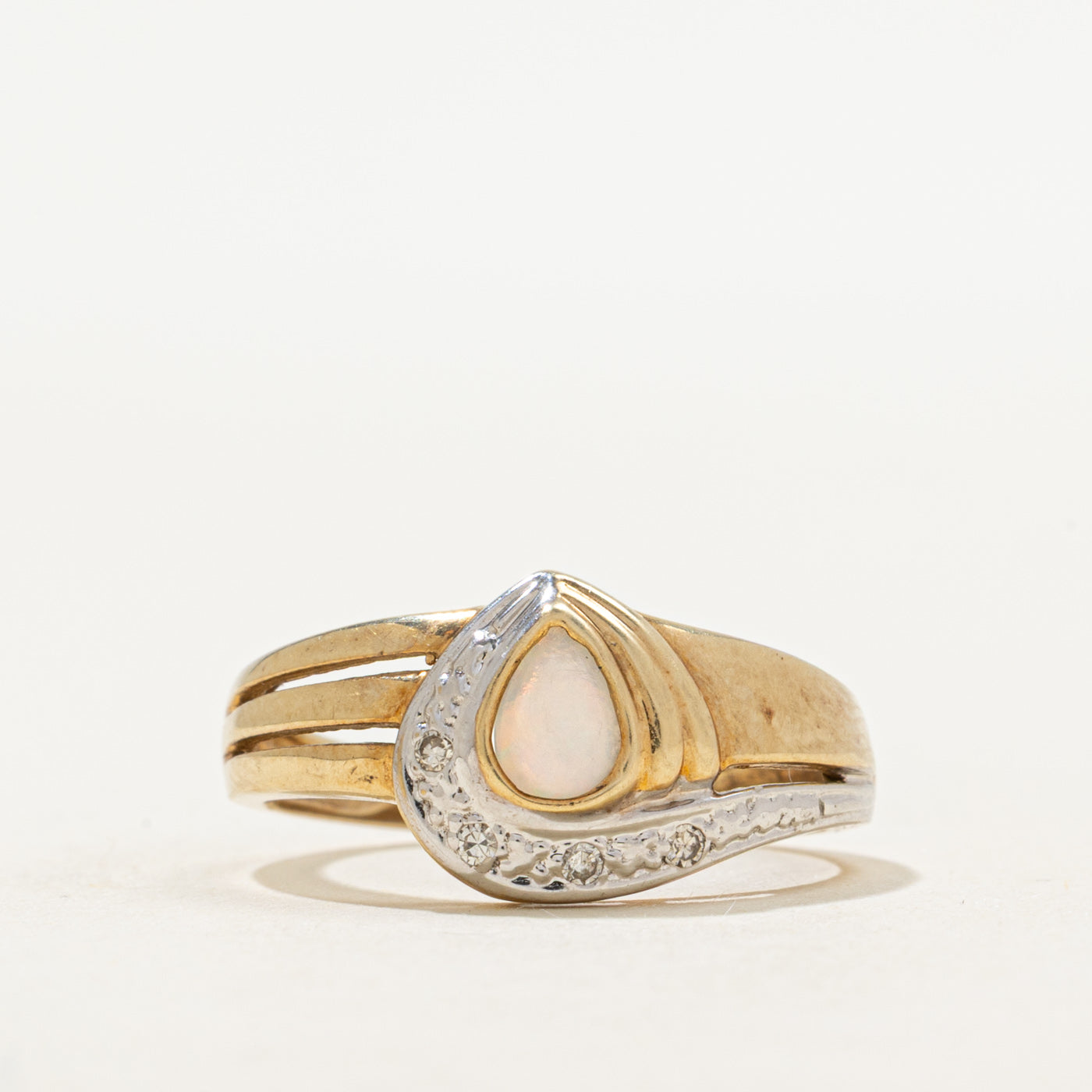 Bezel Set Opal & Diamond Grooved Ring | 0.18ct, 0.04ctw | SZ 7