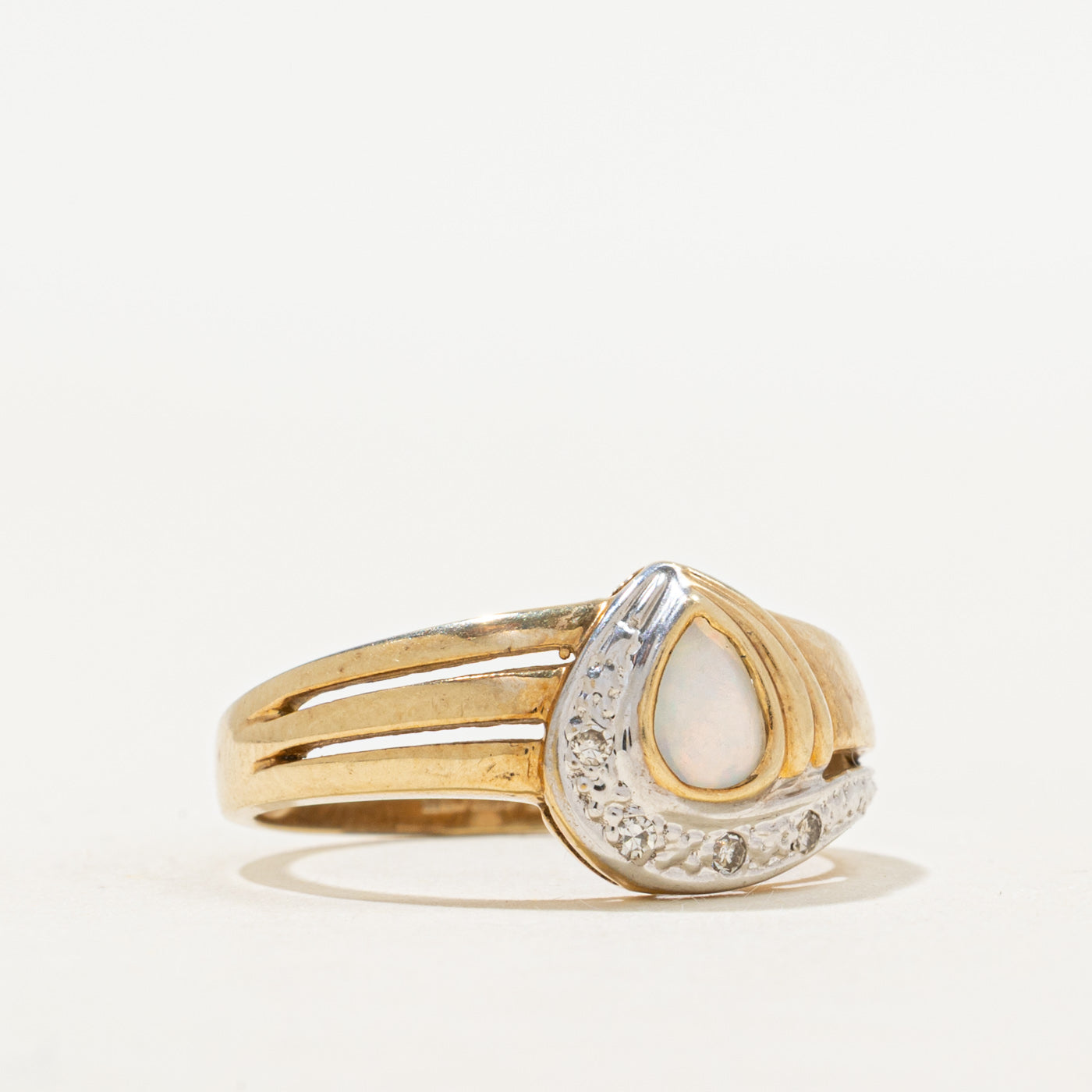 Bezel Set Opal & Diamond Grooved Ring | 0.18ct, 0.04ctw | SZ 7