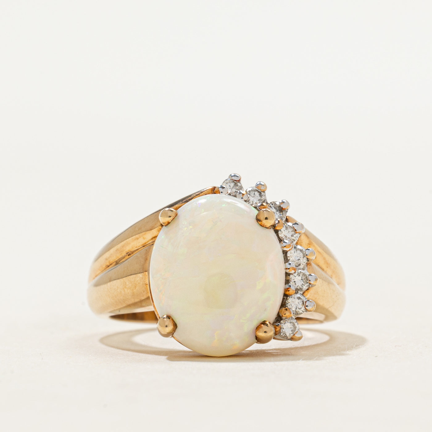 Opal & Diamond Grooved Cocktail Ring | 2.20ct, 0.16ctw | SZ 6.25