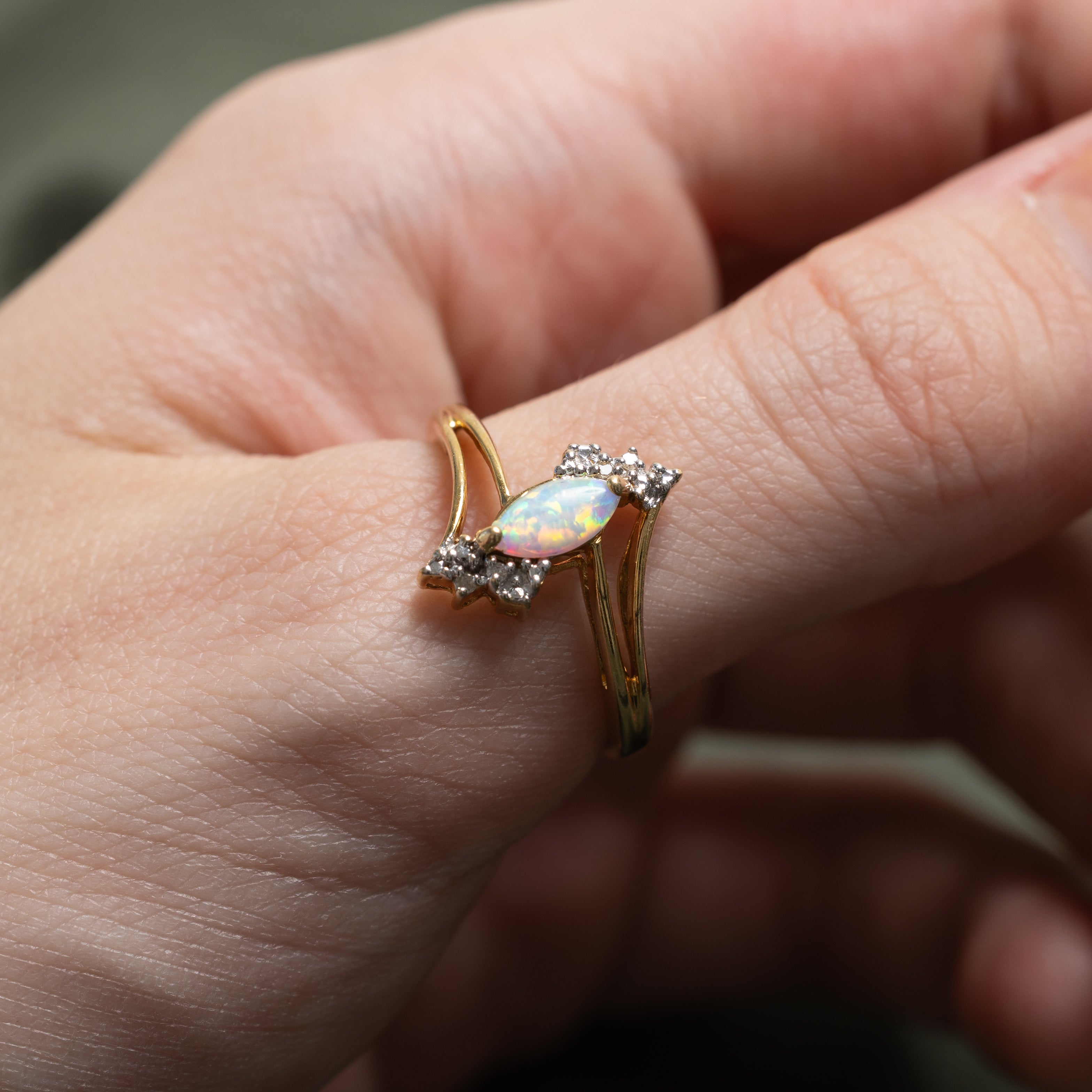 Cabochon Opal & Diamond Open Bypass Ring | 0.25ct, 0.02ctw | SZ 9