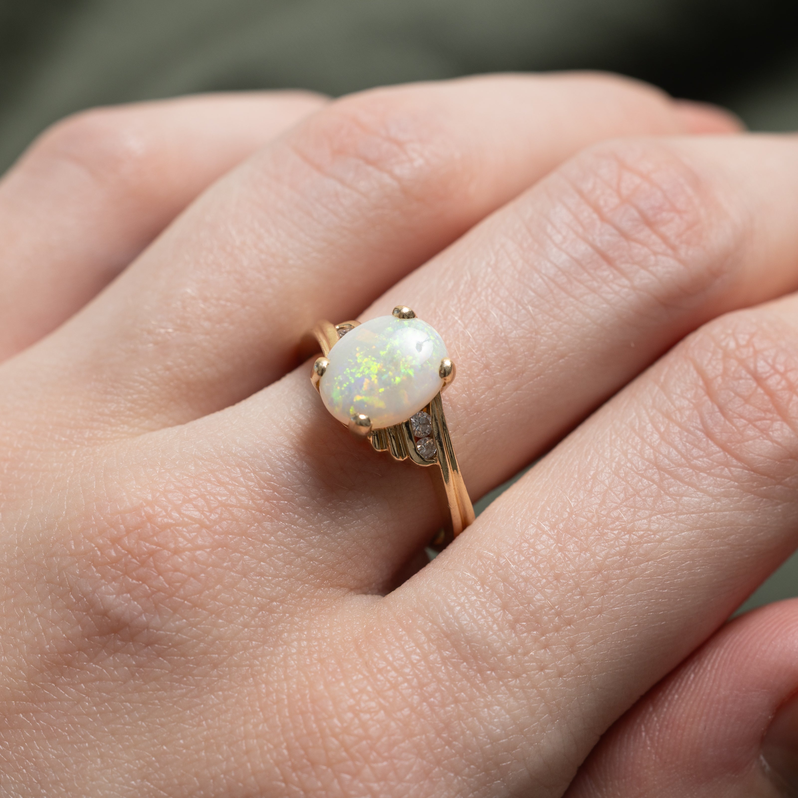 Cabochon Opal & Diamond Grooved Bypass Ring | 1.25ct, 0.08ctw | SZ 7.25