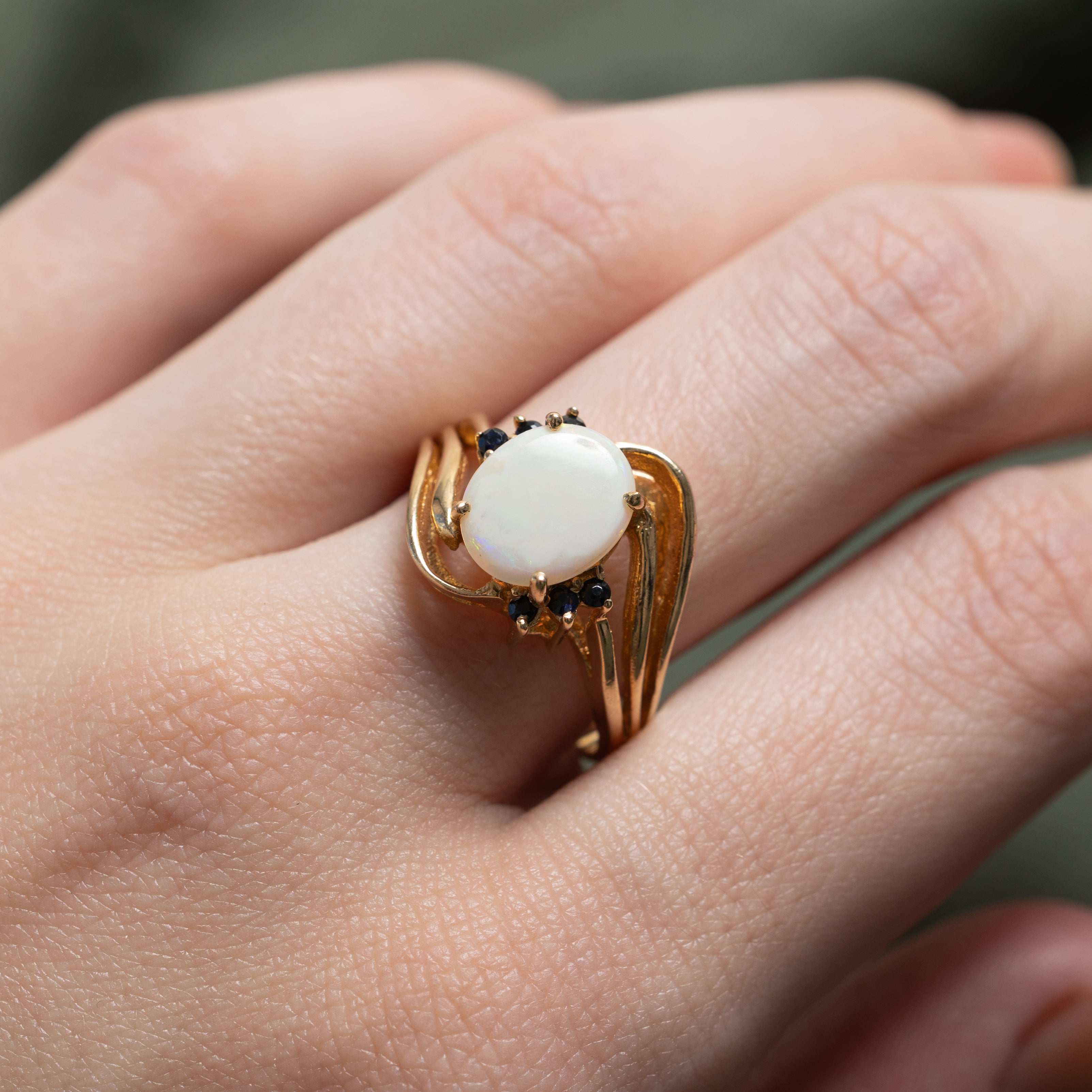 Cabochon Opal & Sapphire Open Bypass Ring | 1.02ct, 0.12ctw | SZ 8