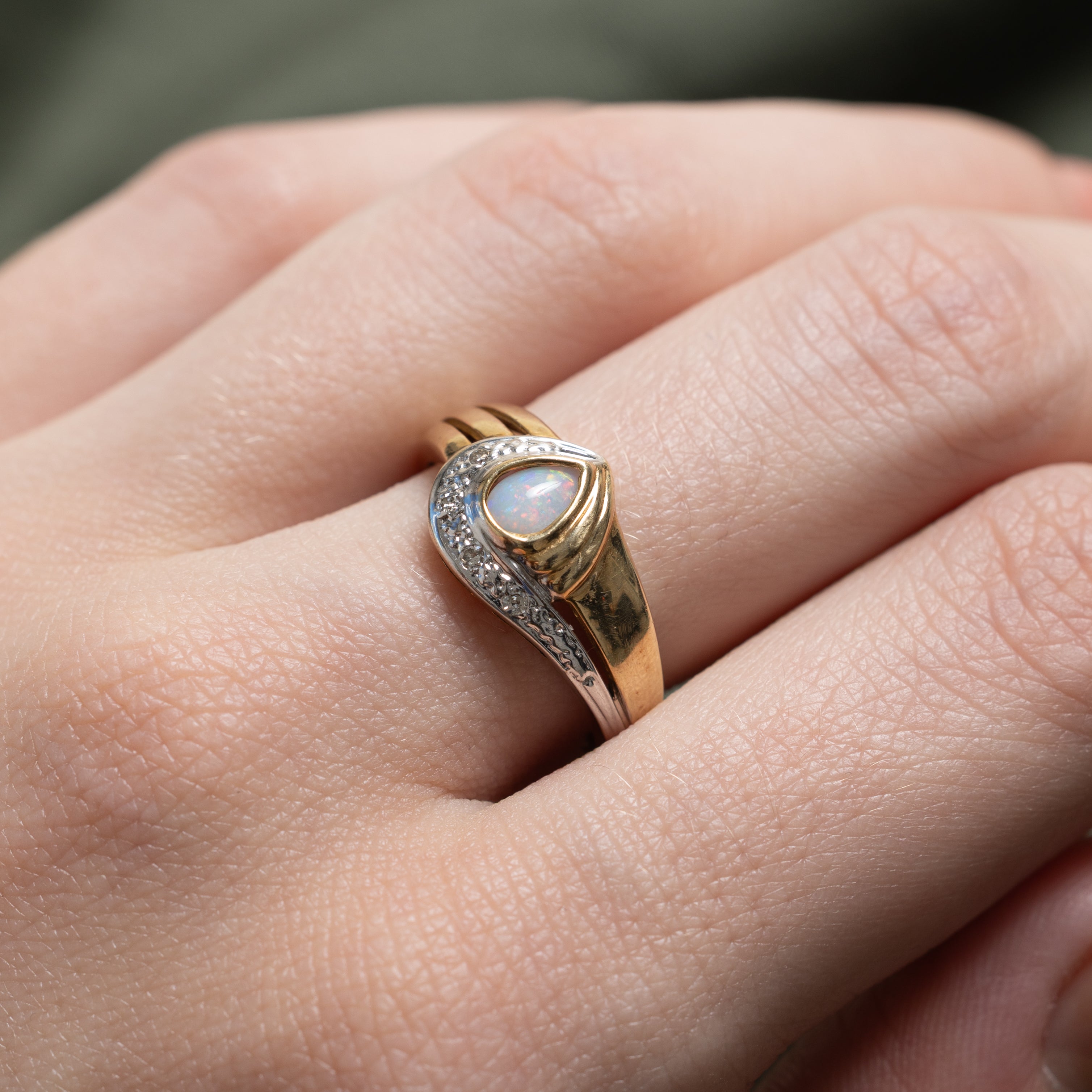 Bezel Set Opal & Diamond Grooved Ring | 0.18ct, 0.04ctw | SZ 7