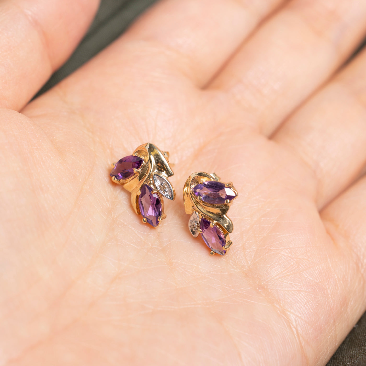 Marquise Cut Amethyst & Diamond Stud Earrings | 1.50ctw, 0.01ct