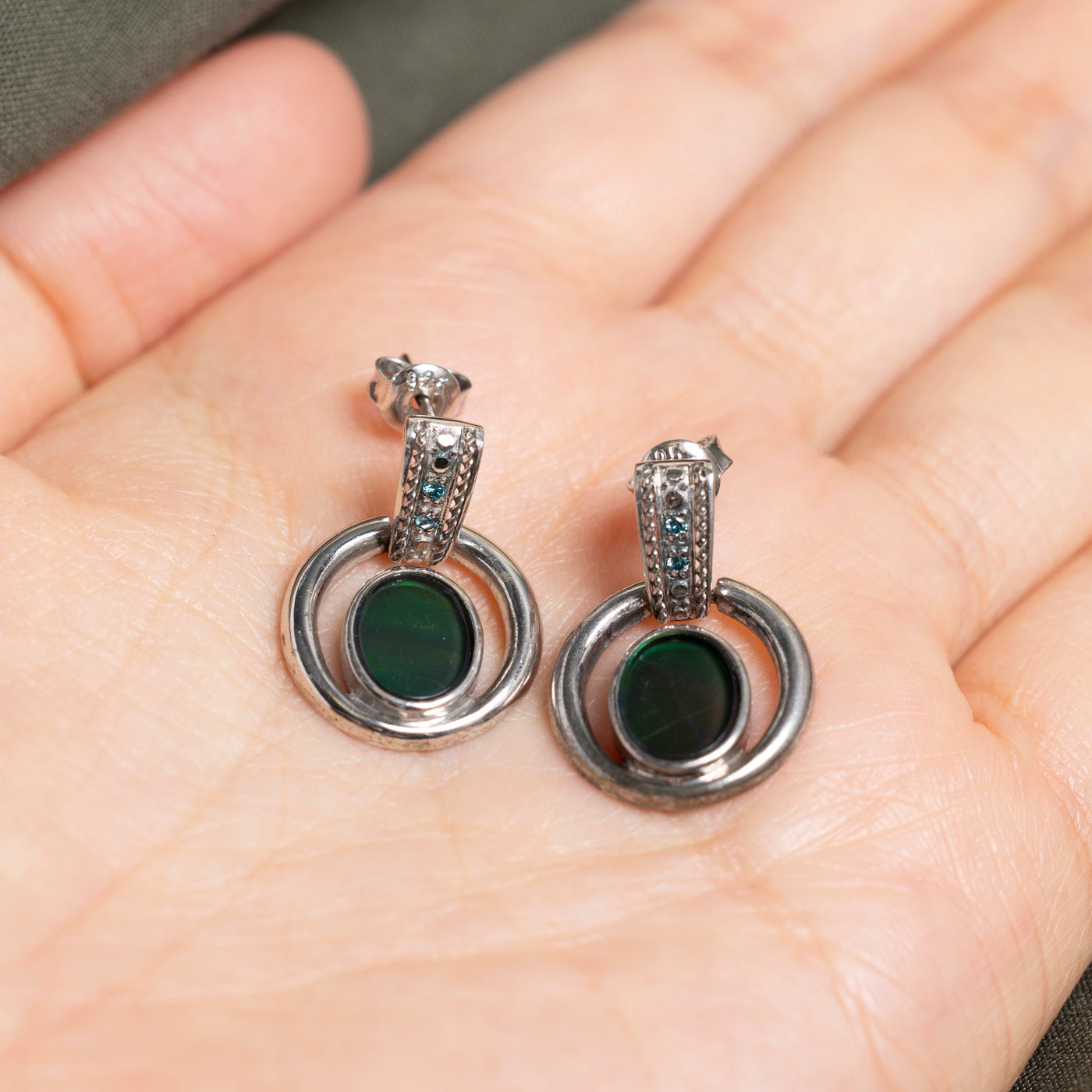 Sterling Silver Ammolite & Blue Diamond Drop Earrings | 2.00ctw, 0.04ct