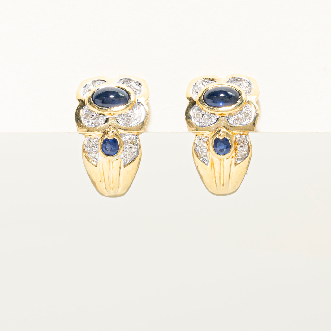 18k Cabochon Sapphire & Diamond Floral Huggie Earrings | 1.20ct, 0.12ct